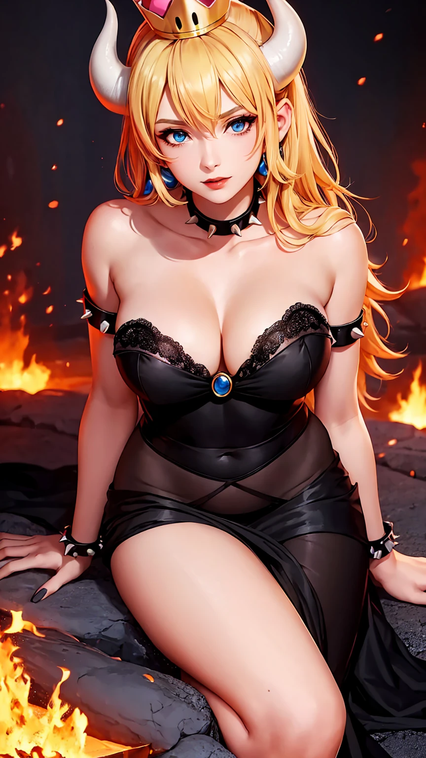 ((high detailed, best quality, 4k, masterpiece, hd:1.3)), ((best quality)), (((HD))), (((8k))), (ultraDH), (ultra HD), Princess Daisy, blue eyes, BREAK blue eyes, seductive, attractive, smooth anime cg art, 36C breasts, long legs, vivid colors, detailed digital art, slim body, perfect skin, dark blonde hair, long hair, blonde hair, blonde hair, BREAK crown, cleavage, 36C cleavage, looking at viewer, BREAK looking at viewer, extremely detailed face, red santa suit, red santa claus suit, santa claus suit, earrings, gem, dark black makeup lips, dark gothic eyeshadows, dark eyeshadows, black eyeshadows, black sexy lips, black lips, (dark:1.2), dark lips, very dark lips, (perfect hands, perfect anatomy), black makeup, black medium lips, black thick lips, detailed fingers, five fingers per hand, 5 fingers, (1 girl), detailed lips, detailed black lips, black painted lips, gothic painted lips, BREAK night, night sky, (breast focus), (arms outstreched:1.2), (from above:1.1), (breasts out:1.3), (off shoulder:1.1), (white horns), (lingerie), inside a lava castle, she inside a sea of lava, she bathing in lava, full body, perfect long legs, perfect foots, legs and foots into the lava,