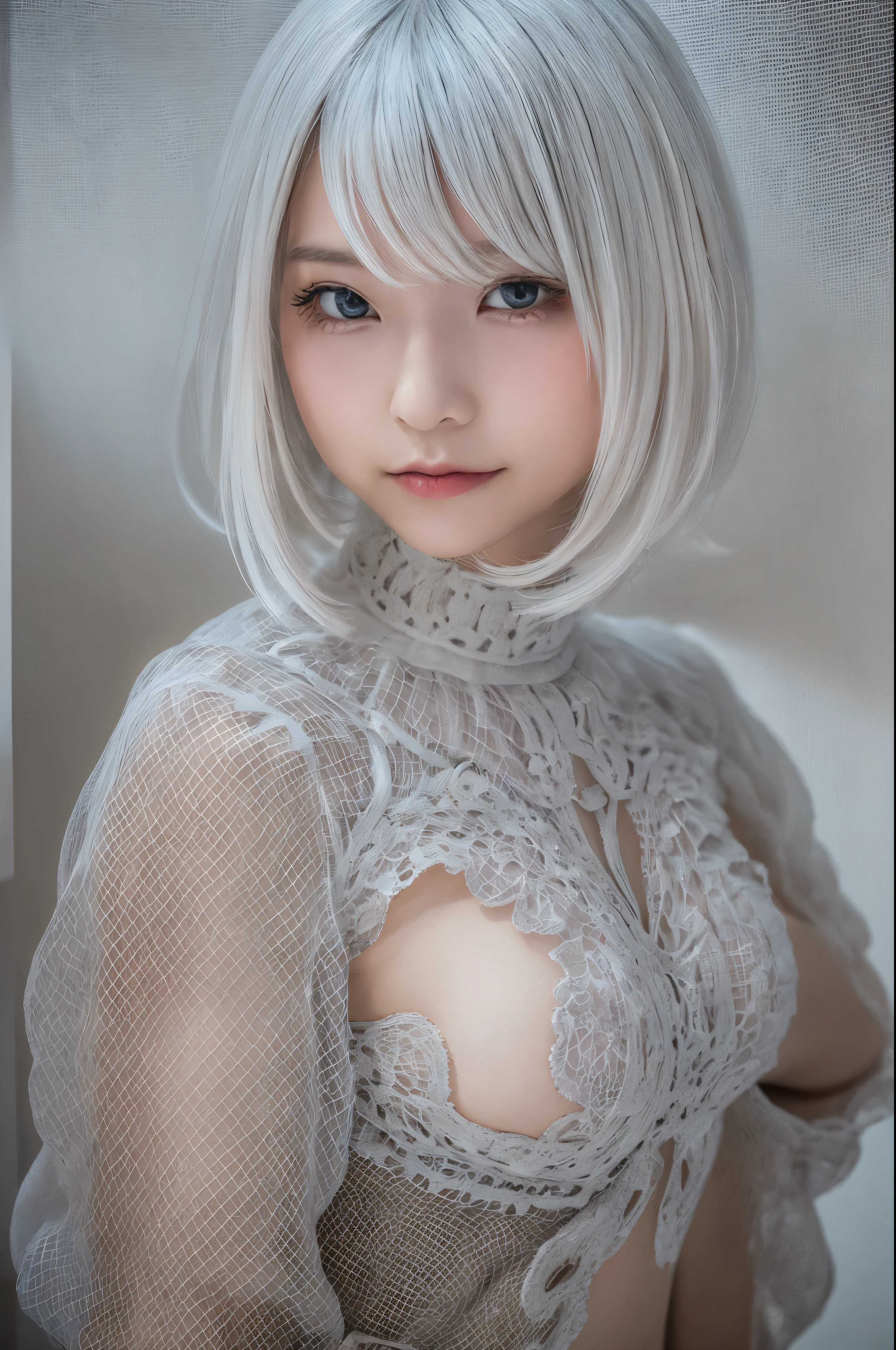 ((high quality)),table top,(Detailed depiction of local details:1.2),1 Japanese girl,(plump breasts:1.3),Enchanted Valley,closed mouth,eyelash,looking at the viewer,portrait,alone,Upper body,gray hair,white theme,short hair,silver hair,Yoruhano. 2 Type B,