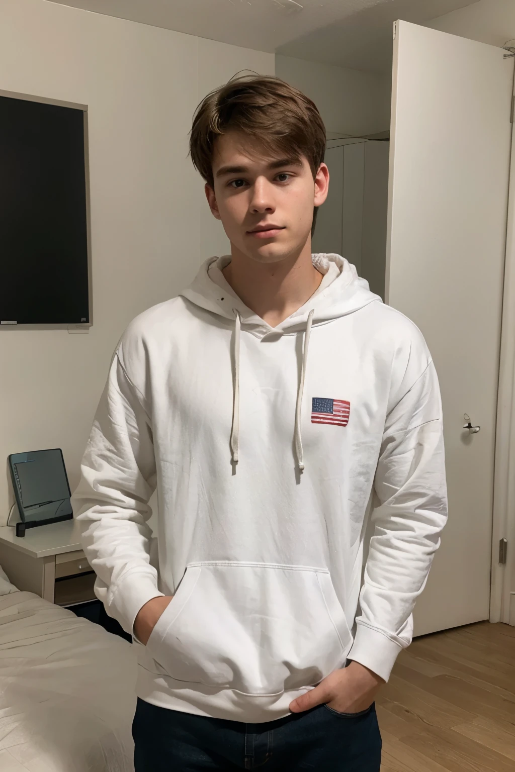 Photo-realistic of 20 years old American man in the room, wearing white hoodie, looking camera, 4K