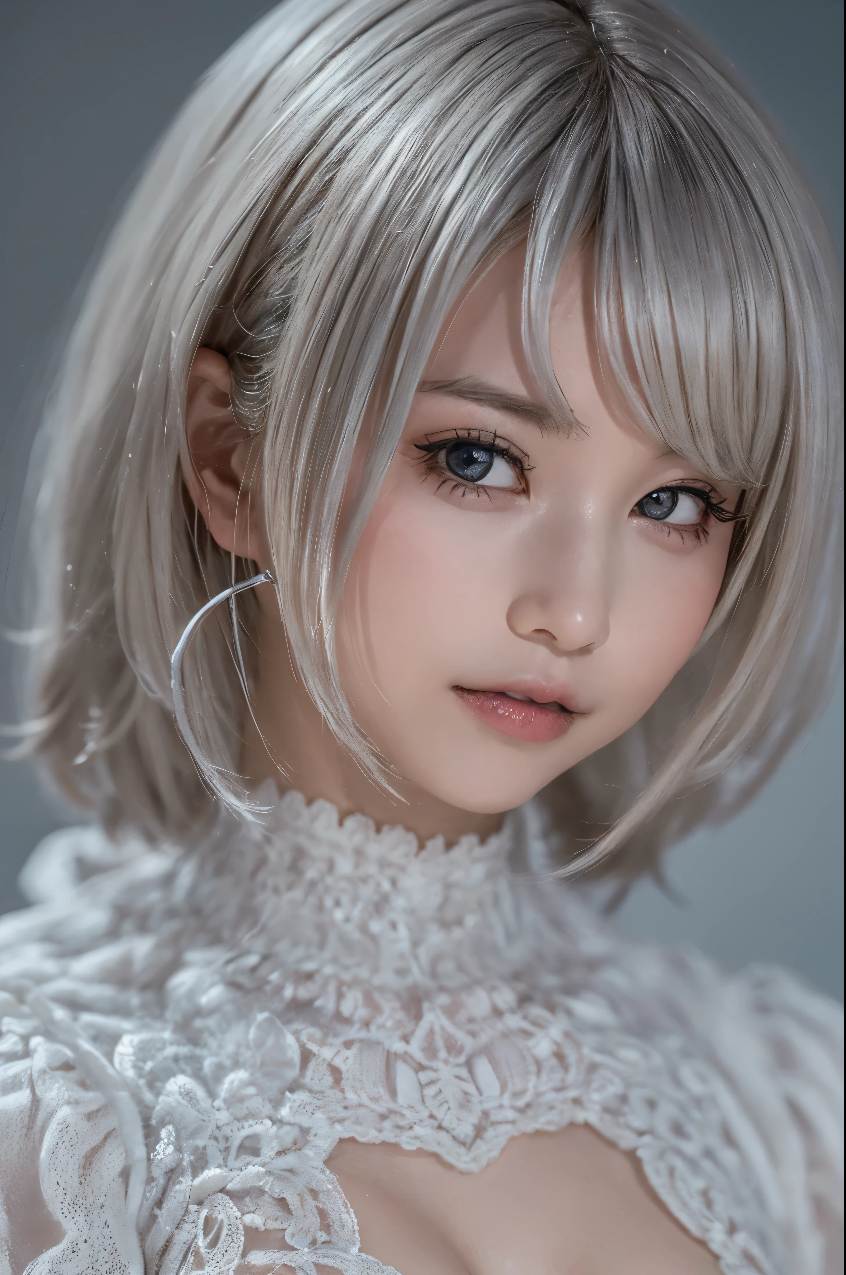 ((high quality)),table top,(Detailed depiction of local details:1.2),1 Japanese girl,(plump breasts:1.3),Enchanted Valley,closed mouth,eyelash,looking at the viewer,portrait,alone,Upper body,gray hair,white theme,short hair,silver hair,Yoruhano. 2 Type B,