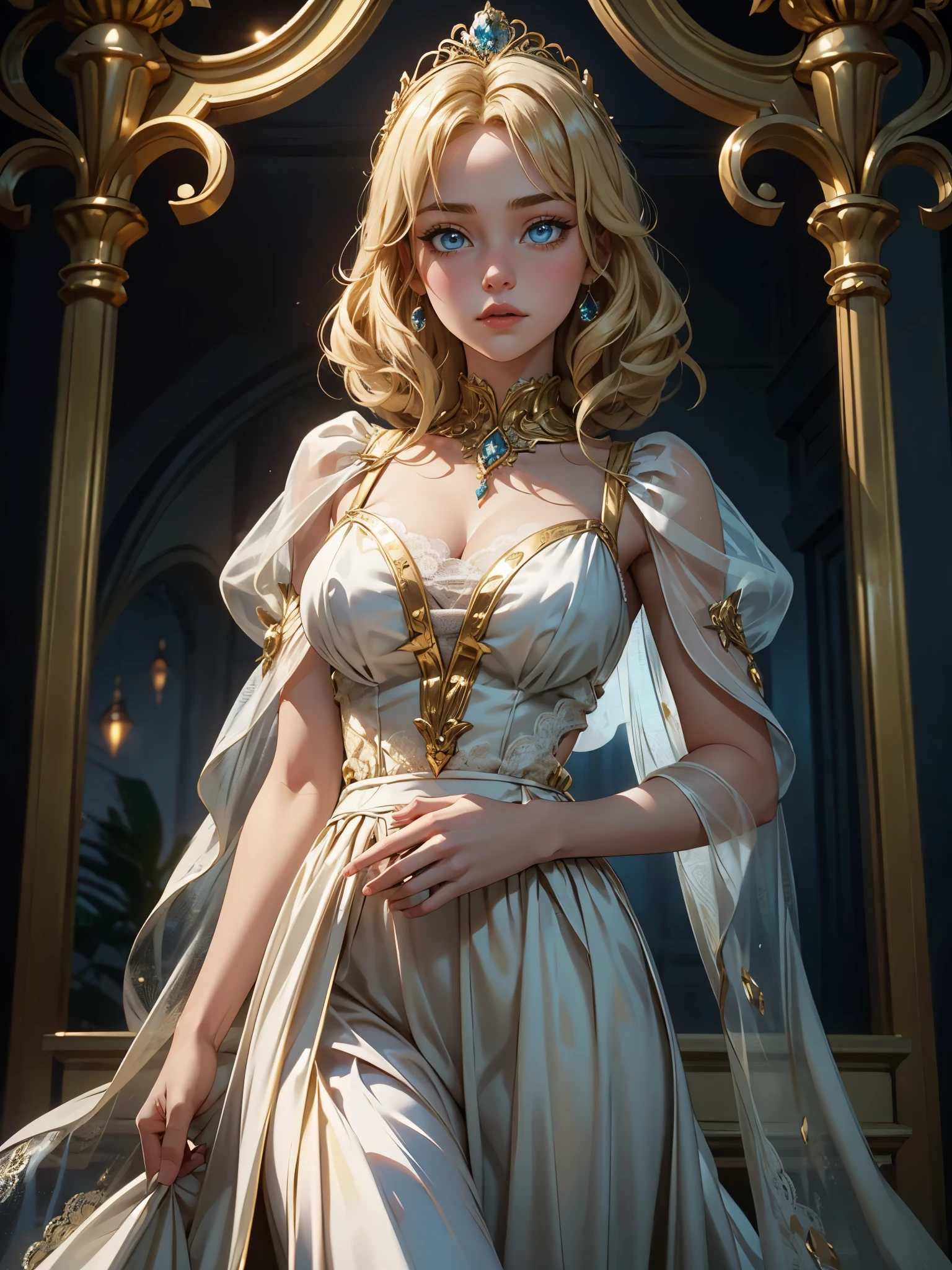 s girl,Enchanted,divino,Being in love,Seductive pose,(Yellow and white princess dress:1.2),blond hairbl,eBlue eyeaximalism,Multiple layers of delicate ruffles,Lots of lace,Exquisite gold fittings,Delicate pattern,(exquisite costumes:1.1),Princess Crown,see-through transparent clothes,(Transparent dark blue and white cloth:1.1),Beautiful detailed face,Bedroom scene in Western mythology,Movie lighting,the night,solo person,(Flowing skirt:1.1),metal decoration,Lace,(Shine:1.2), (Best quality), (Masterpiece:1.2),