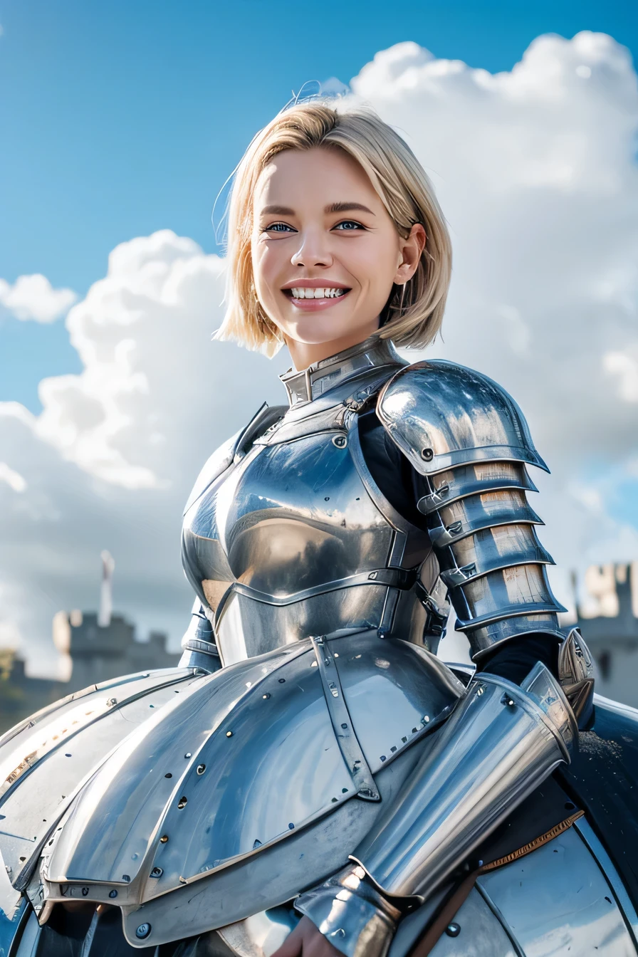 8K、highest quality、female knight、The background is a castle、Luxurious Silver Armor、heavy equipment、hairstyle short cut、smile、beautiful teeth、full body photo、ear piercing、white woman、blonde hair、blue eyes、Gummy Smile、The background is a cloudy sky