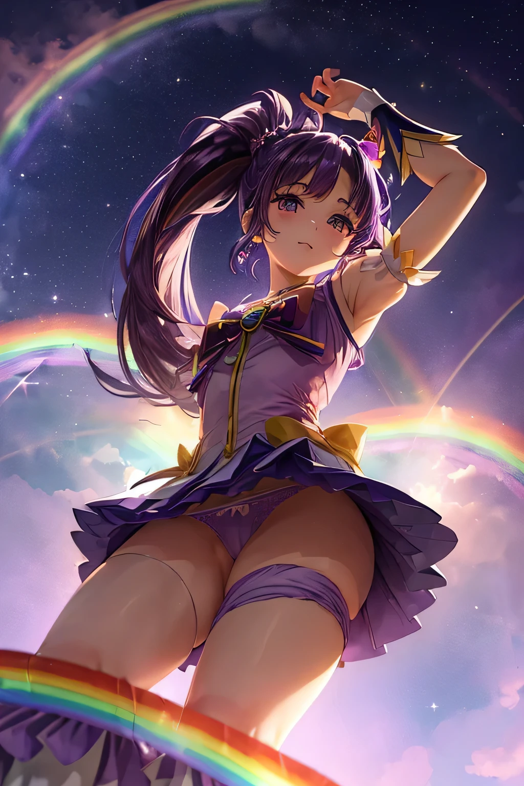 (((Panty shot)))、mini skirt、(((Rainbow Magical Girl Costume))、Beauty、(((Purple Hair Ponytail)))、((whole body))、(((photo taken from below)))、night sky