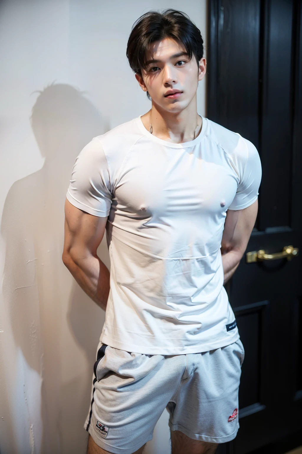 ((best quality)), ((masterpiece)), (detailed), Perfect face 1 handsome Korean guy，26 years old，Internet celebrity fitness coach，Li Yuanbin,，Kim Hyung Tae,Kim Hyung Tae, Yin Shishan, Handsome, Handsome guy with athletic physique，Broad shoulders and narrow waist，Navy blue sports T-shirt, ，A handsome guy wearing a dark blue slim-fitting tracksuit and SPORT SHORTS ,The neckline is slightly open, Form-fitting fabric contours the bust，hands tied behind back。hands tied behind back，Masculine and handsome，High，Muscles look good Wheat complexion，black eyes（thin eyes 1：3），whole body image