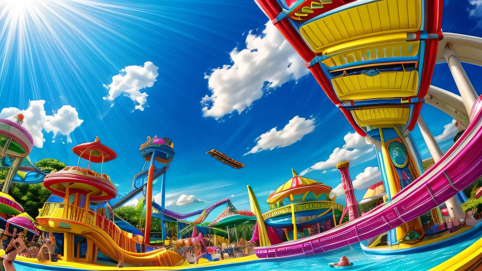 outdoor water park, amusement park rides,disney, toy gun, toy, water gun, Diffuse water, bright colors, Summer, Fantasy, Fisheye view