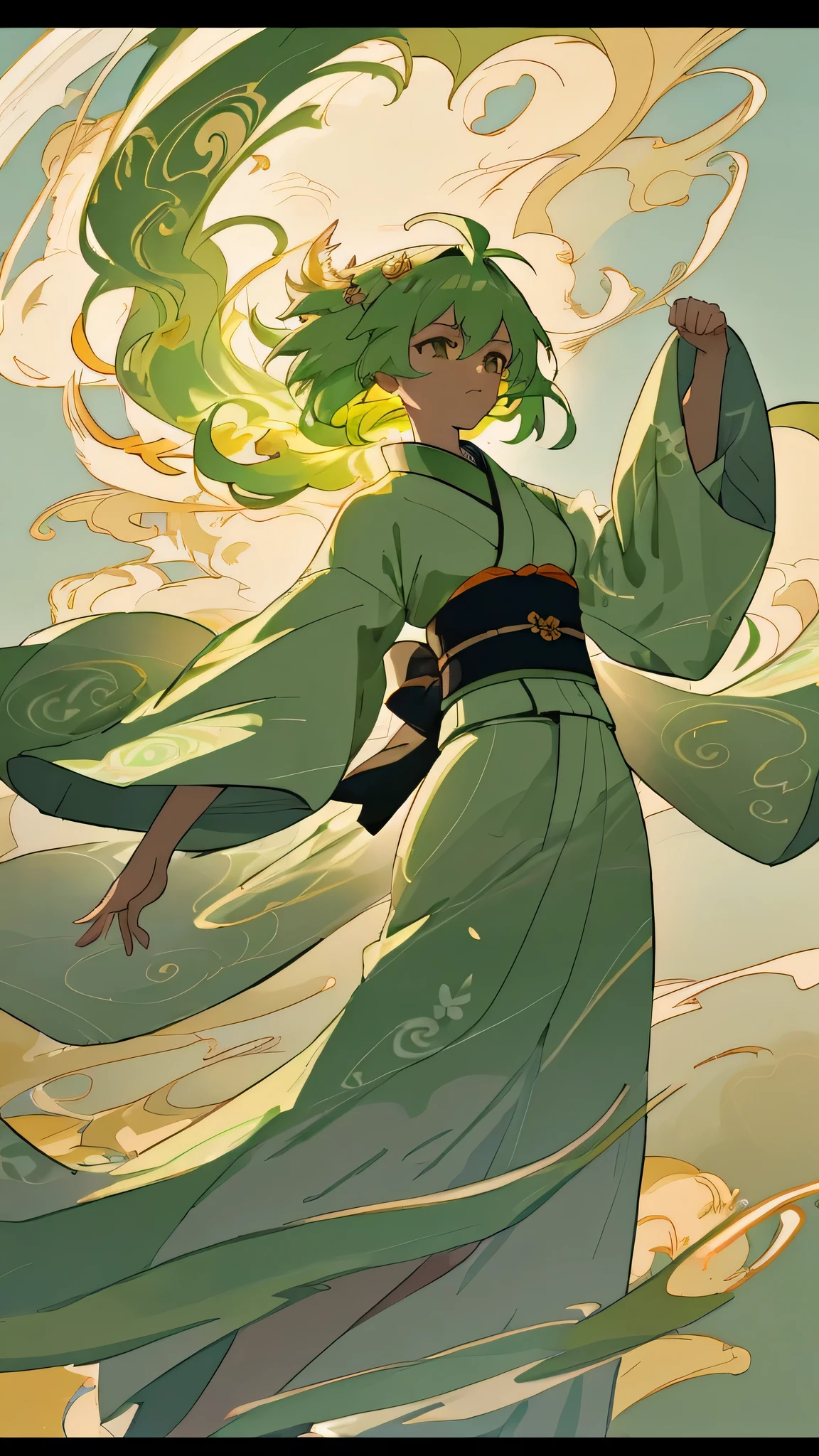 Craft an 8k, ultra-detailed anime-style masterpiece showcasing a beautiful girl with short, vibrant green hair, symbolizing her identity as the embodiment of the wind god, Fūjin. Clad in traditional Japanese attire, her kimono is elegantly designed with motifs that reflect her elemental affinity—swirls, leaves, and feathers, all suggesting the movement of the wind.She stands amidst a tumultuous scene, where a tornado whirls energetically in the background, embodying the raw power and majesty of the wind. Her stance is confident, with one hand gently raised, as if she's conducting the dance of the winds around her, her kimono sleeves fluttering in the gusts she commands.Her expression is a blend of serene composure and focused intensity, capturing the dual nature of the wind—both a gentle breeze and a force capable of great change. The dynamic swirl of the tornado, the rustle of leaves caught in its path, and the serene yet potent aura surrounding her are all rendered in exquisite detail, creating a vivid portrayal of a deity who is both a protector and a formidable force of nature.