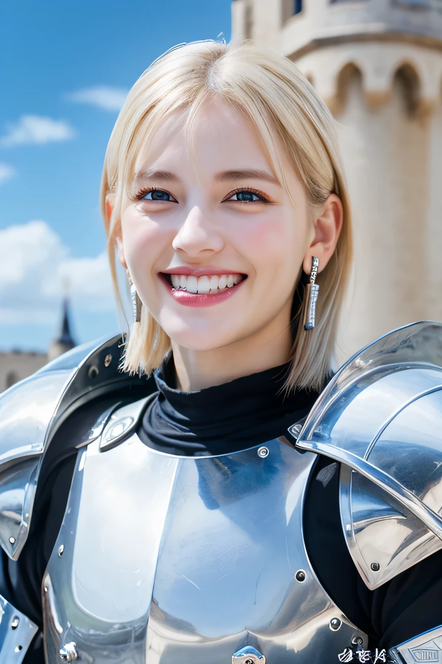 8K、highest quality、female knight、The background is a castle、Luxurious Silver Armor、heavy equipment、hairstyle short cut、smile、beautiful teeth、full body photo、ear piercing、white woman、blonde hair、blue eyes、Gummy Smile、The background is a cloudy sky、heavy makeup