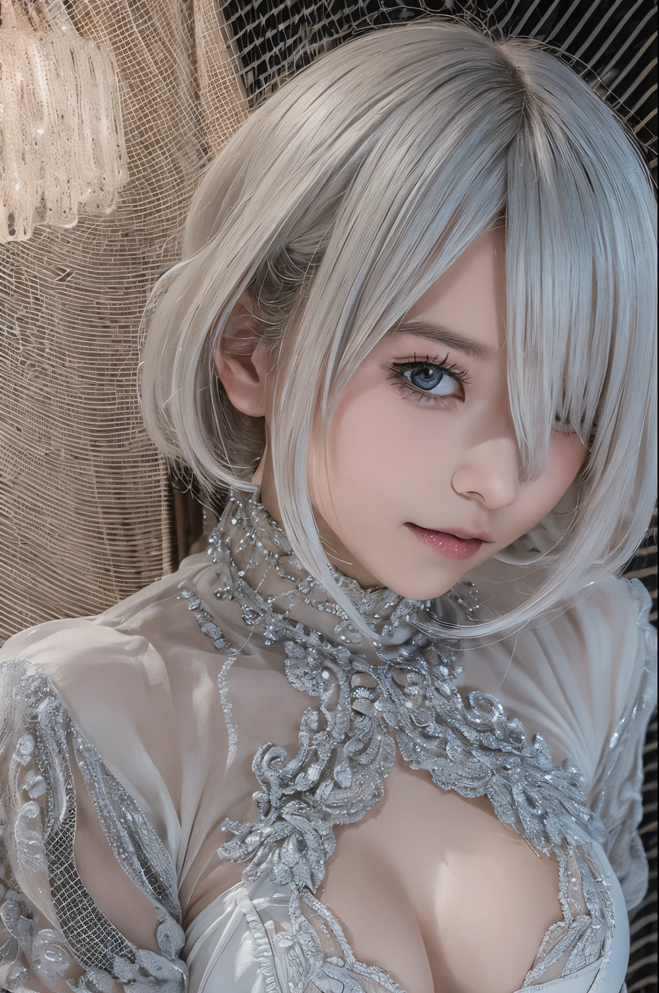 ((high quality)),table top,(Detailed depiction of local details:1.2),1 Japanese girl,(plump breasts:1.3),Enchanted Valley,closed mouth,eyelash,looking at the viewer,portrait,alone,Upper body,gray hair,white theme,short hair,silver hair,Yoruhano. 2 Type B,