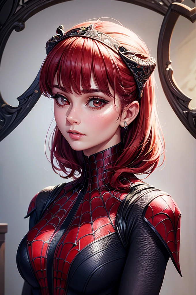 best quality,game cg,1girl, masterpiece, best quality, 8k, detailed skin texture, detailed cloth texture, beautiful detailed face, intricate details, ultra detailed, audrey hepburn, Spider-Man uniform, straight red hair, (Half body:1.2) perfect breast full nude
