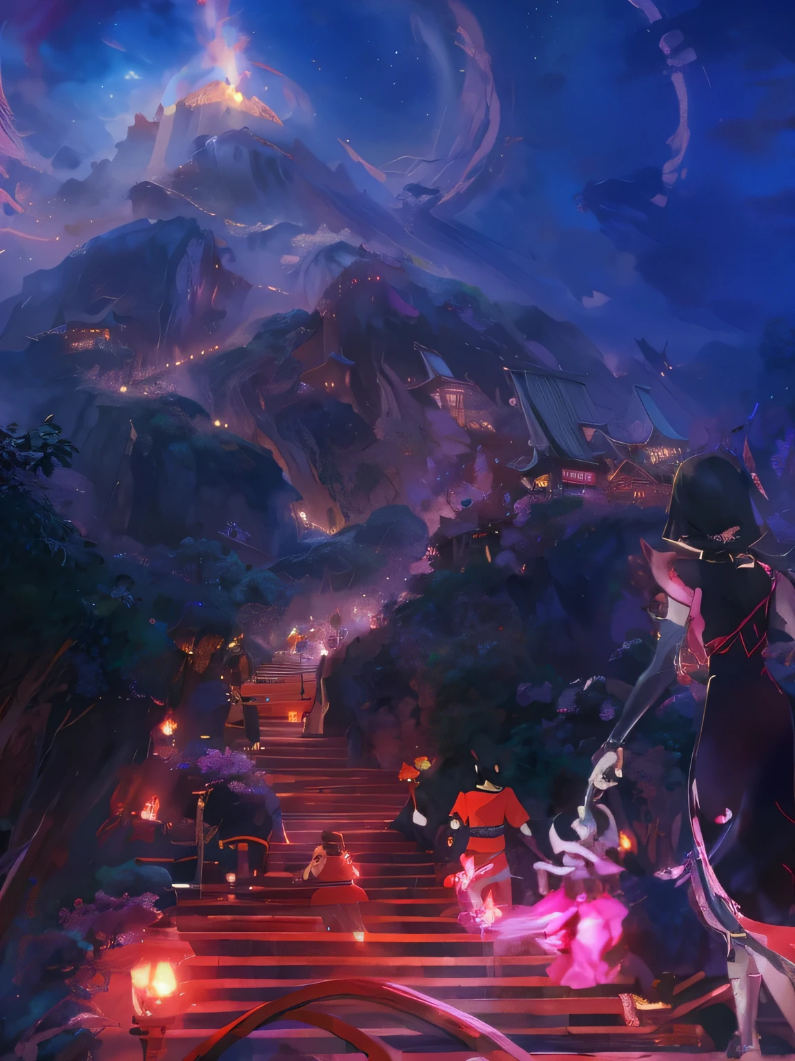 Anime girl wearing a hat and a long skirt standing on the stairs, 2. 5 d cgi Anime Fantasy Artwork, Anime Fantasy Artwork, Anime Fantasy Illustration, anime epic artwork, Anime Landscape Concept Art, Concept art magical highlights, Onmyoji Detailed Art, Colorful concept art, beautiful anime scene, heroine japanese vivid scenery, concept art stunning atmosphere, Beautiful anime artwork