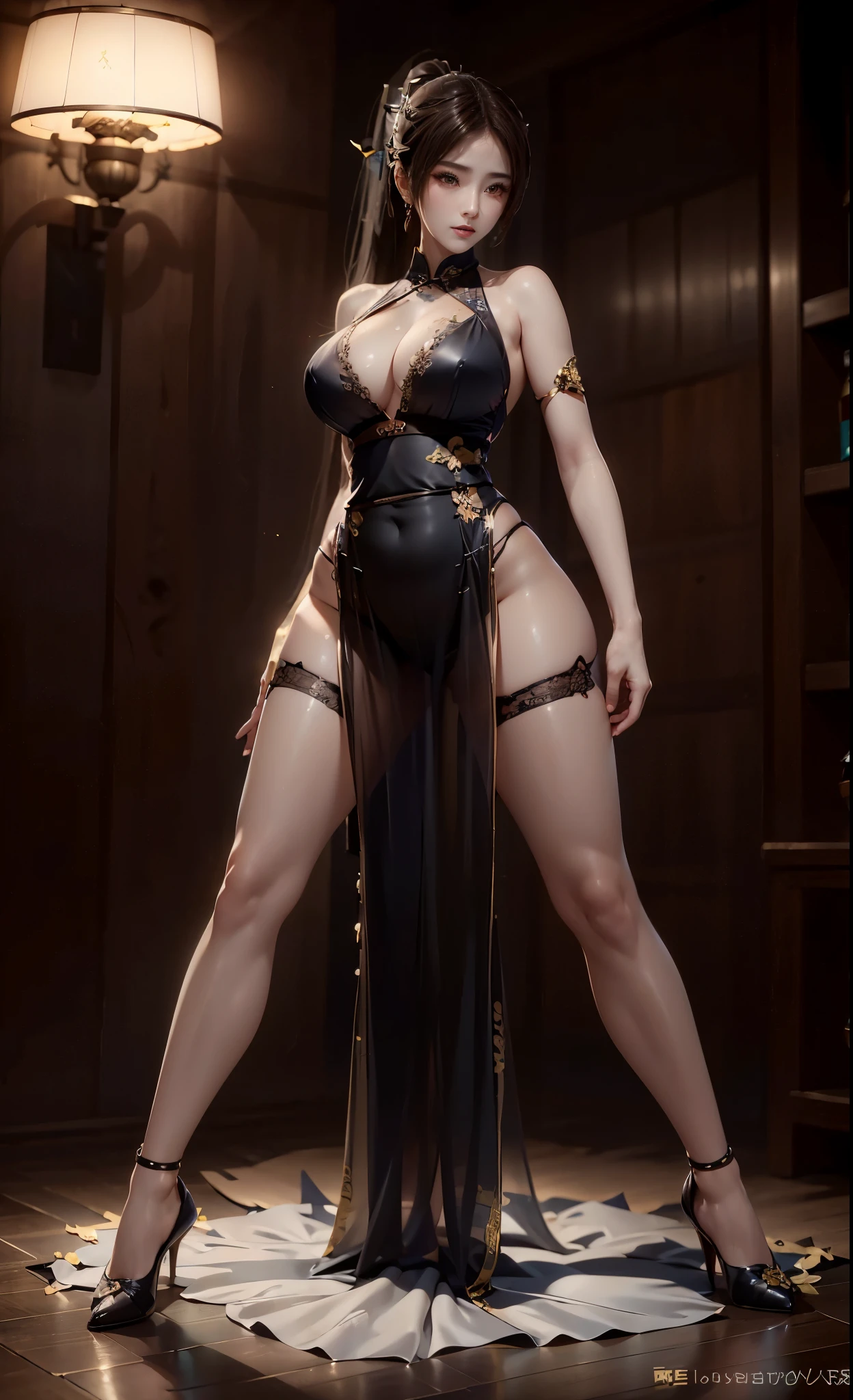 8K，ultra high resolution，ultra high definition，masterpiece，high ponytail，huge breasts，anatomically correct，perfect face，supermodel，huge breasts，delicate skin，One of them is wearing a black skirt、Close-up of woman, wlop shiny skin,Mai Shiranui，,  Wearing a tight cheongsam(view:1.3),, wearing a tight skirt, High heel，pantyhose，sexy pose, Divine rendering, only, Super realistic full picture, Full body CG society 8K，ultra high resolution，ultra high definition，masterpiece，high ponytail，huge breasts，anatomically correct，perfect face，supermodel，huge breasts，delicate skin，