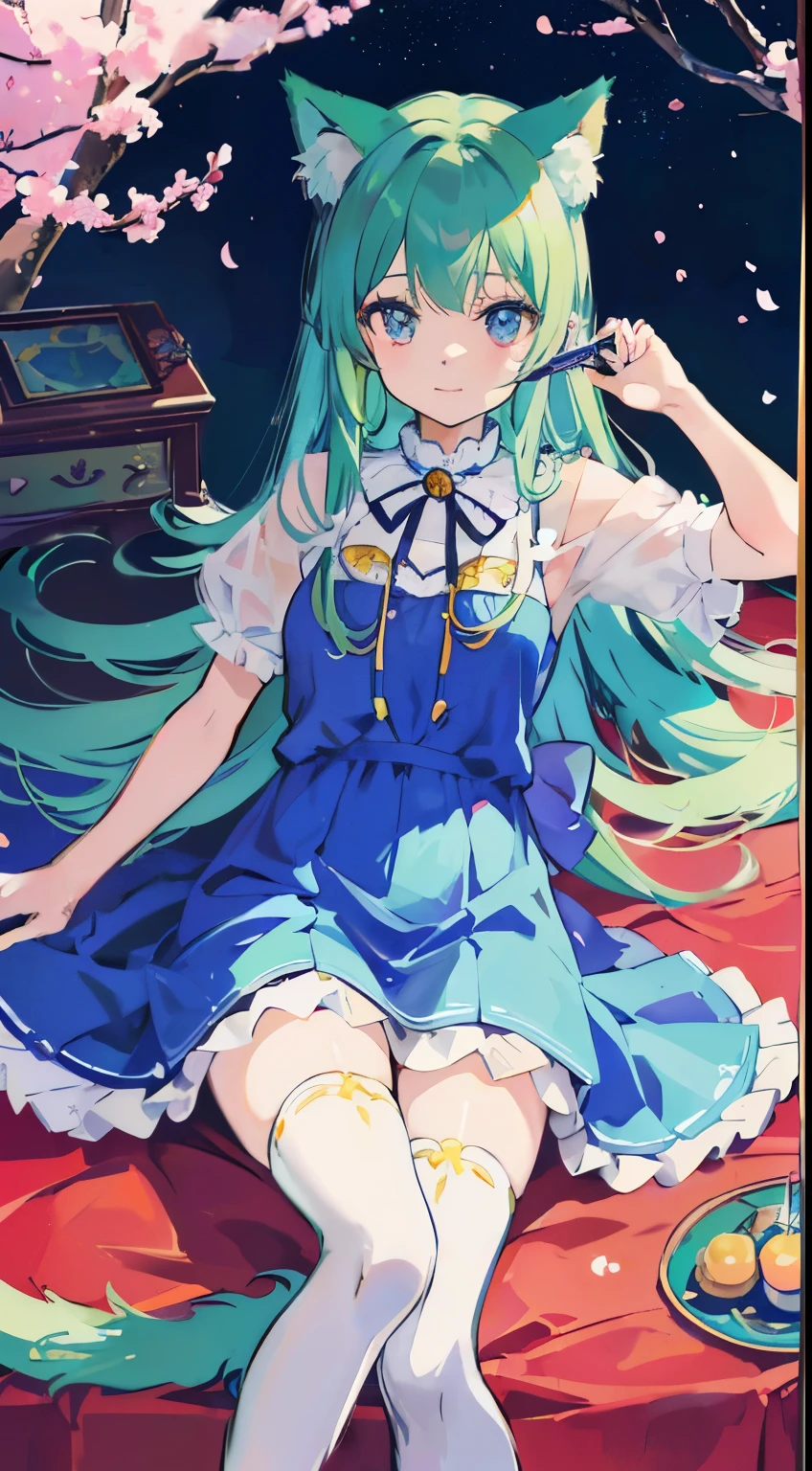 ((table top, highest quality: 1.1), ((Anime girl in a blue dress with a magic wand)), art nouveau、Anime cat girl in maid outfit, , ((Green hairs))、long haired person、((Eyes that shine like jewels, long eyelashes, and transparency))、Very Beautiful Anime Neko Musume, anime cat girl, ((white knee highs)), charming cat girl, Cherry blossom viewing under the cherry trees,lying down、私nspired by Leiko 私kemura, Aya Takano color style, in ryuuou no oshigoto art style, ((Cat ear)), smile