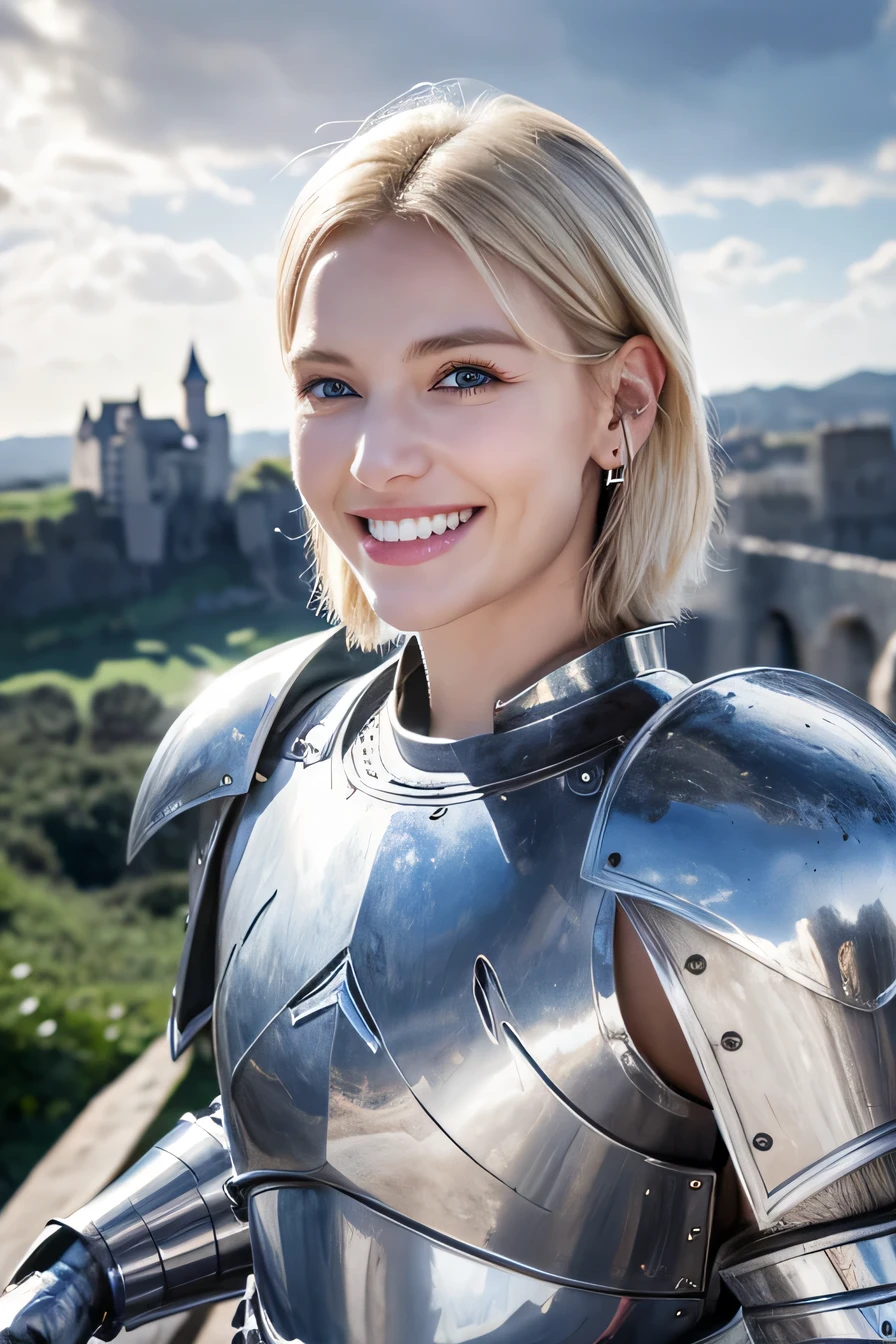 8K、highest quality、female knight、The background is a castle、Luxurious Silver Armor、heavy equipment、hairstyle short cut、smile、beautiful teeth、full body photo、ear piercing、white woman、blonde hair、blue eyes、Gummy Smile、The background is a cloudy sky