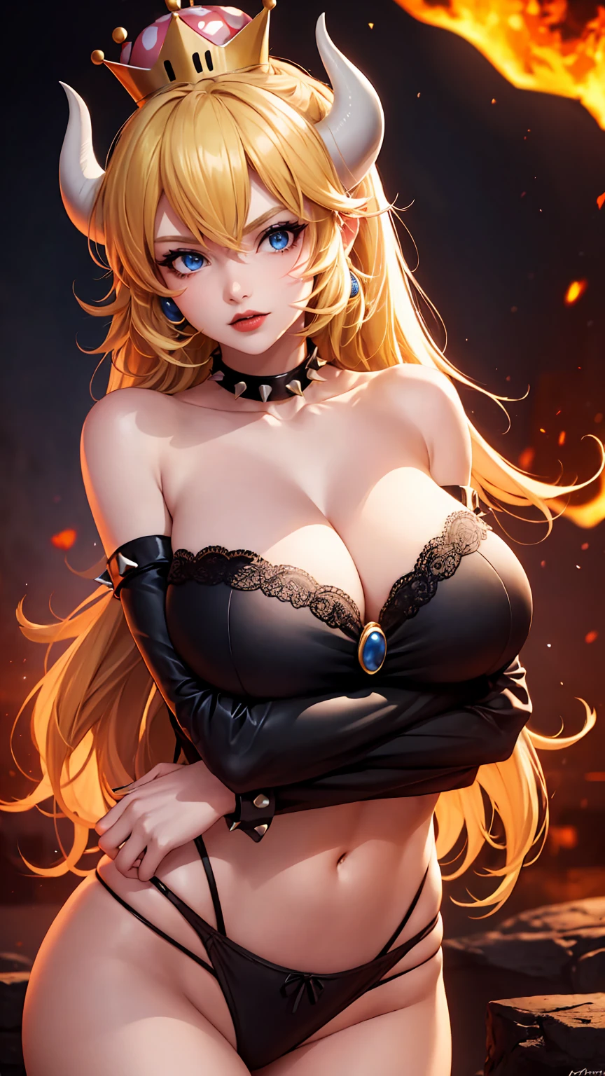 ((high detailed, best quality, 4k, masterpiece, hd:1.3)), ((best quality)), (((HD))), (((8k))), (ultraDH), (ultra HD), Princess Daisy, blue eyes, BREAK blue eyes, seductive, attractive, smooth anime cg art, 36C breasts, long legs, vivid colors, detailed digital art, slim body, perfect skin, dark blonde hair, long hair, blonde hair, blonde hair, BREAK crown, cleavage, 36C cleavage, looking at viewer, BREAK looking at viewer, extremely detailed face, red santa suit, red santa claus suit, santa claus suit, earrings, gem, dark black makeup lips, dark gothic eyeshadows, dark eyeshadows, black eyeshadows, black sexy lips, black lips, (dark:1.2), dark lips, very dark lips, (perfect hands, perfect anatomy), black makeup, black medium lips, black thick lips, detailed fingers, five fingers per hand, 5 fingers, (1 girl), detailed lips, detailed black lips, black painted lips, gothic painted lips, BREAK night, night sky, (breast focus), (arms outstreched:1.2), (from above:1.1), (breasts out:1.3), (off shoulder:1.1), (white horns), (bra), inside a lava castle, she inside a sea of lava, she bathing in lava, (((gigantic breasts)))