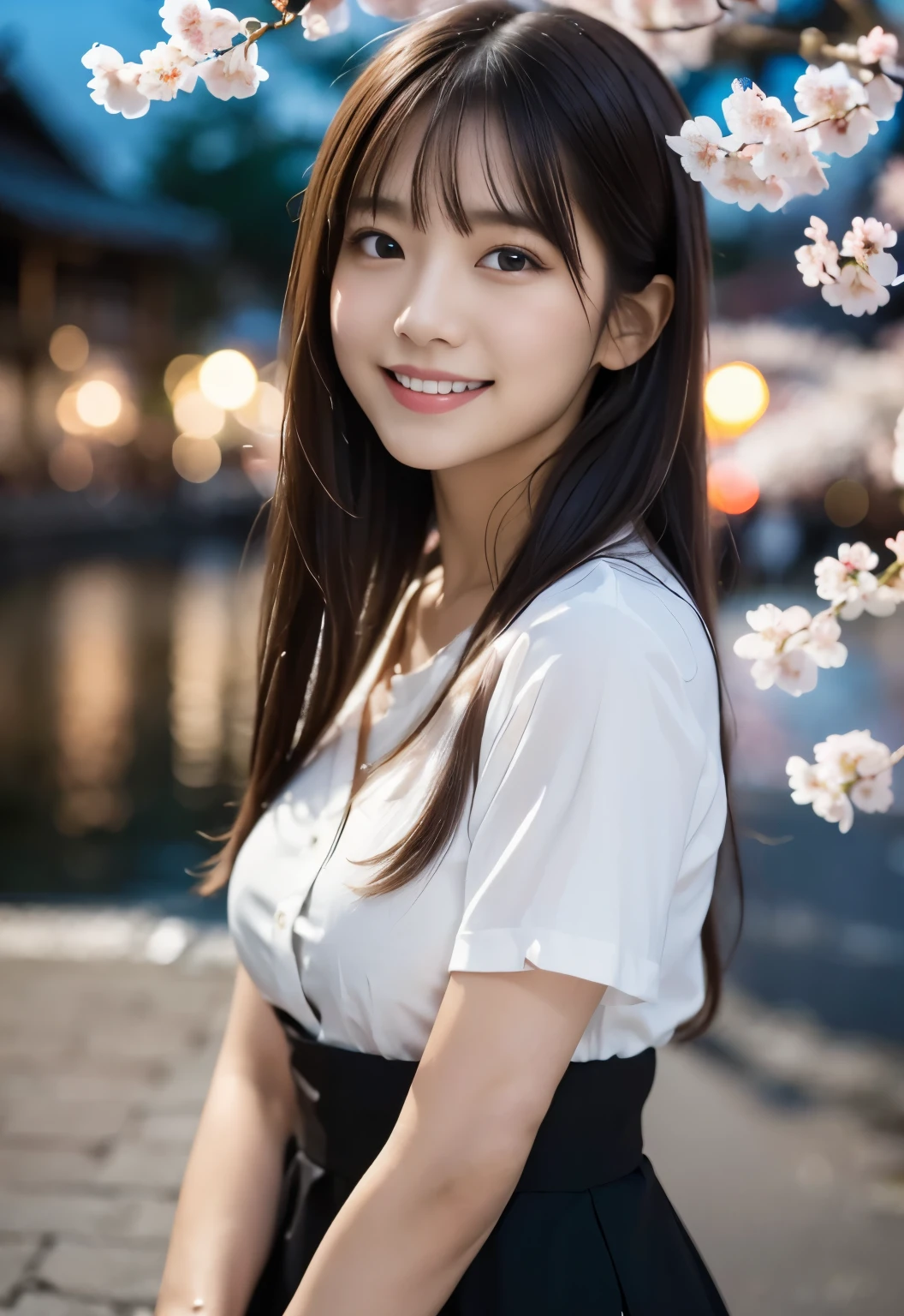 (((Cherry blossoms at night:1.3, outdoor,Photographed from the front))), ((long hair:1.3,shirt,japanese woman,Smile,cute)), (clean, natural makeup), (highest quality, masterpiece:1.3, 超High resolution), (Super detailed, caustics), (realistic:1.4, RAW shooting), very detailed, High resolution, 16K resolution