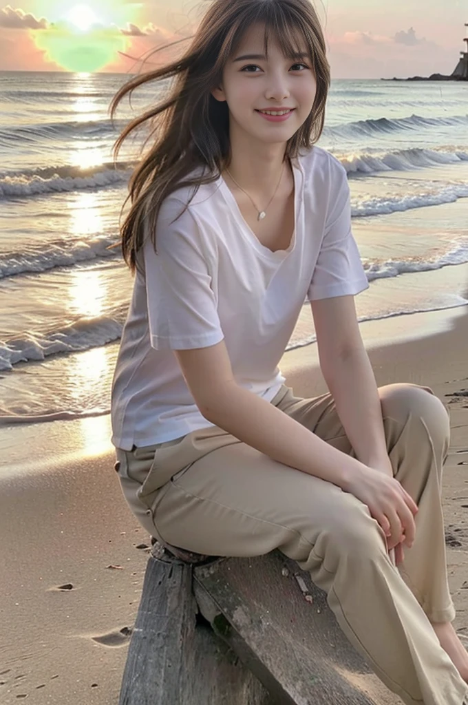 17 year old beautiful girl、Highest image quality、realistic、16K、beautiful woman、long hair、With bangs、Pretty slim、WhiteＴshirt、Tight chinos、At the beach at sunset、sitting on the sandy beach、panoramic、Full body figure、smile、Basking in the sunset