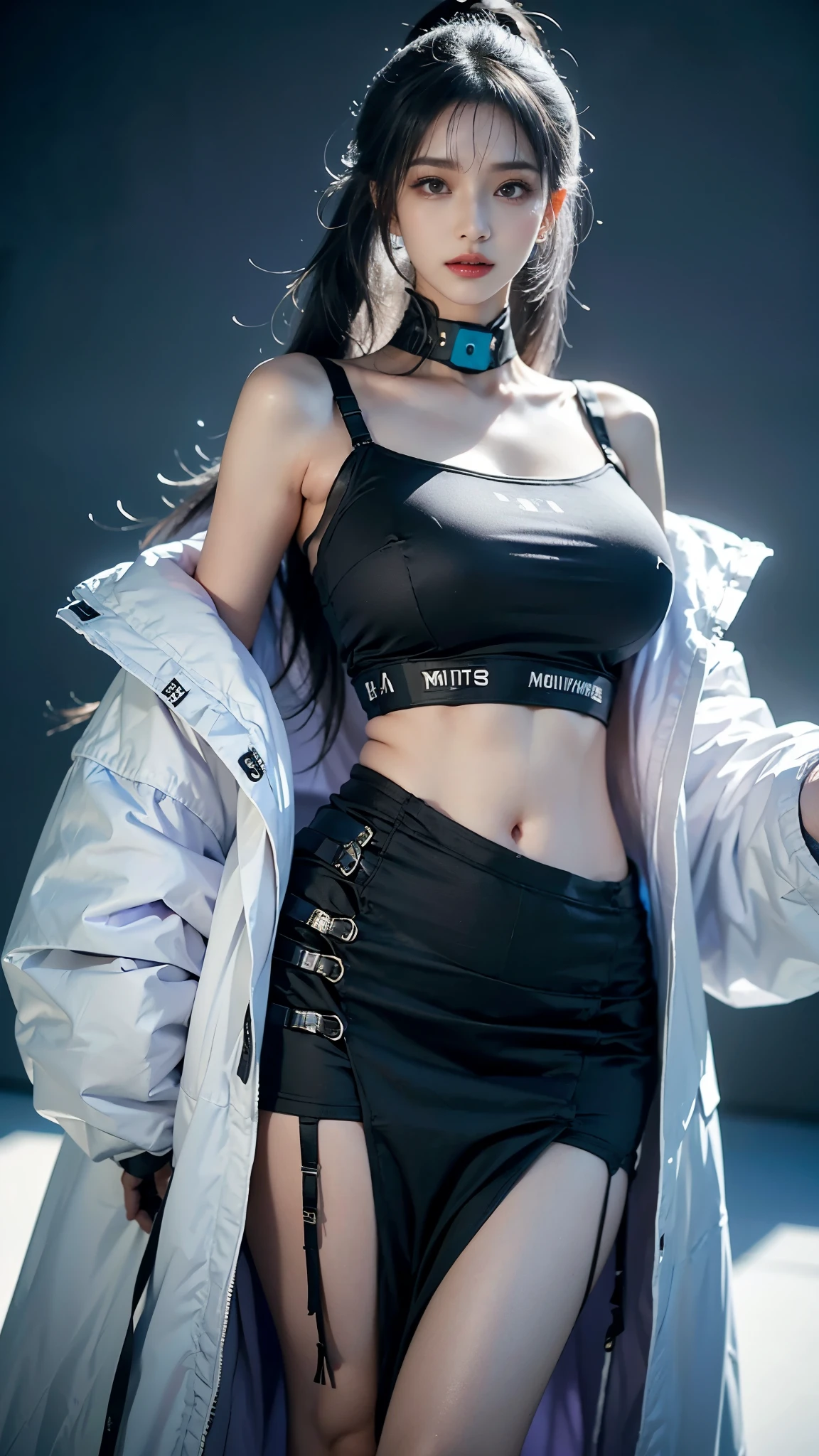 masterpiece,best quality,High resolution,8K,Focus on thighs and above,original photo,digital photography,(sci-fi style women),20 year old girl,Long ponytail hairstyle,through bangs,(purple eyes),(white hair),plump breasts,felling,Elegant and noble,Serious and indifferent,open white coat,Black camisole bra,Rich details,shut your mouth,show your belly button,intricate ornaments,Cyberpunk futuristic style,(female scholar),photo poses,White background,oc render reflection texture
