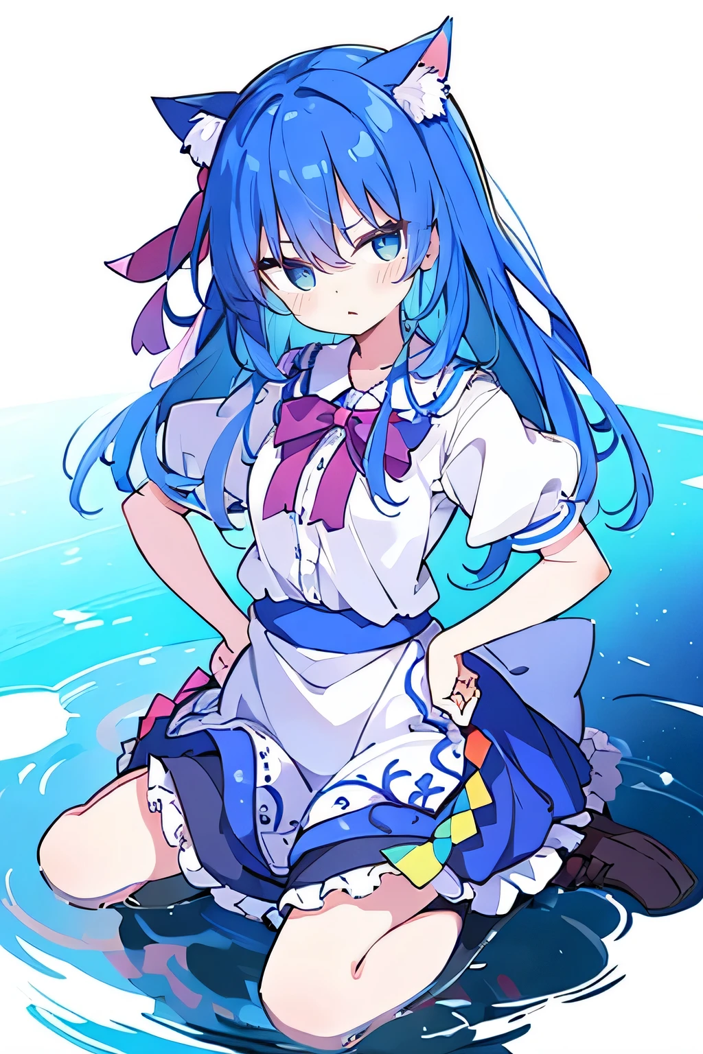 (masterpiece),best quality, expressive eyes, perfect face, 1girl,
Put your hands on your waist,fair, Gorgeous,Japanese cartoons,girl,lola,Hina Angel, blue hair, blue haired, floating clothes,Grab your waist, Grab your waist, hands on hips , hands on hips,sit, sit on ground, Legs on the ground, flat chest,cat ears,
