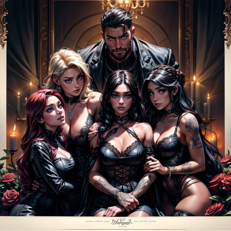 One Handsome short-haired tall huge barbarian beefy muscular Chad in center-of-composition hugging five beautiful bitches tackling him and touching him and feeling him and snuggling him, dressed like goth punk witches princesses, perfect bodies with nice asses, women: very long flowing hair, flowers in hair, seductive, tattoos, ornate materials, jewelry, 8k photography, raytracing, photorealistic, masterpiece, in love, grins, perfect faces, Flirtatious, setting: a decorated dark neon Halloween in a fancy castle, dark except for candle light, harem, watercolor, racially diverse, kissing each other, adoration, worship, IF ONE PERSON IN THE PICTURE IS A MAN THEN THE REST MUST BE WOMEN, so many gorgeous women, SFW