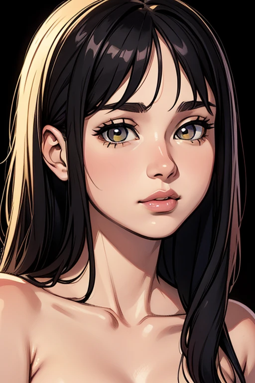 Realistic Photos, lip gloss, drawing, Realistic, Best Quality, Super High Resolution, depth, Pastel color, Natural Shading, focus on face, Face only, looking at the scenes, 1girl, 14 years old, topless, long hair, Black hair, detailed eyes, Amber eyes, pale white skin, detailed wallpaper, looking into the camera, black background, calm face
