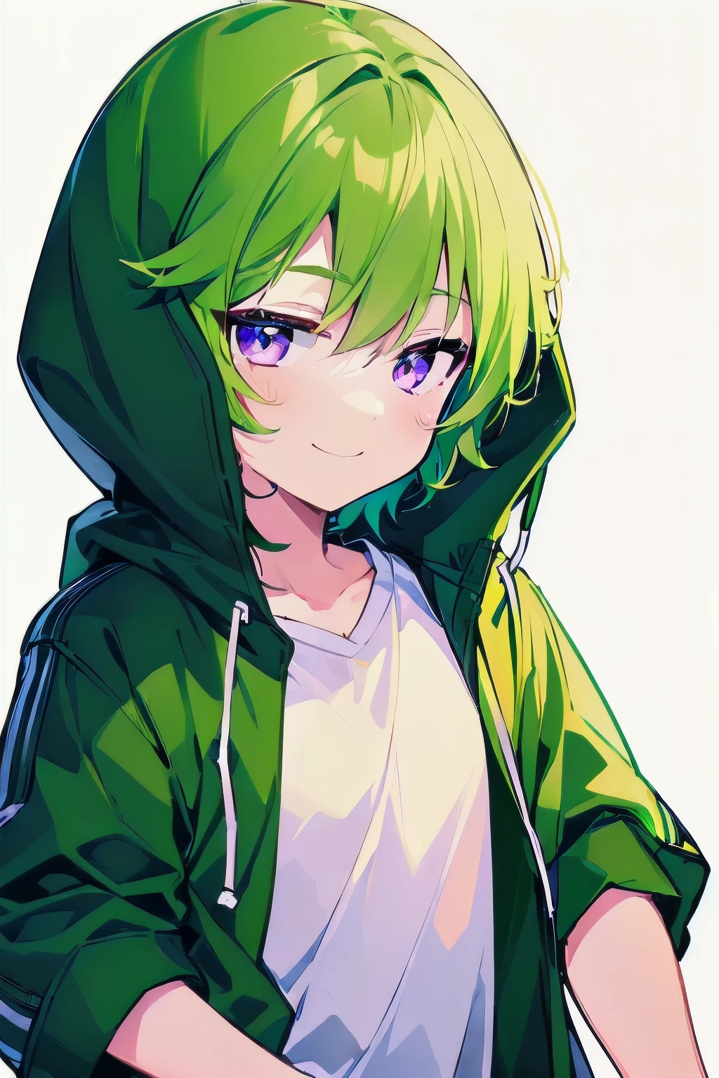 [(WHITE BACKGROUND:1.5),::5], ((((masterpiece)))), high quality, ultra_very_high_resolution, large_filesize, full color, (((solo))), (()), (((green short hair))), purple eyes, anime, upper body, neon light, black parka, smile