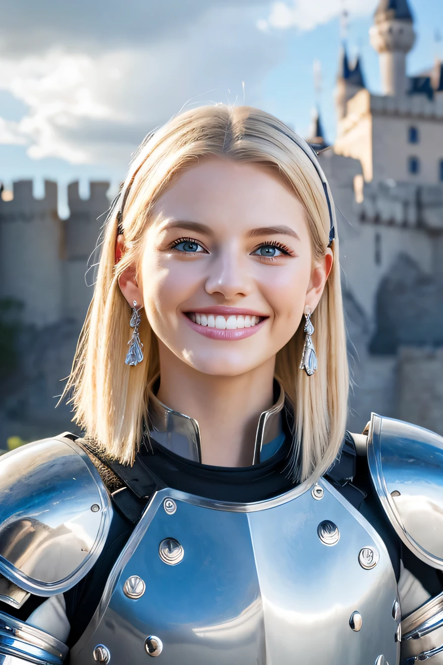 ８Ｋ、highest quality、female knight、The background is a castle、Luxurious Silver Armor、heavy equipment、hairstyle short cut、smile、beautiful teeth、full body photo、ear piercing、white woman、blonde hair、blue eyes、Gummy Smile、The background is a cloudy sky、hair band