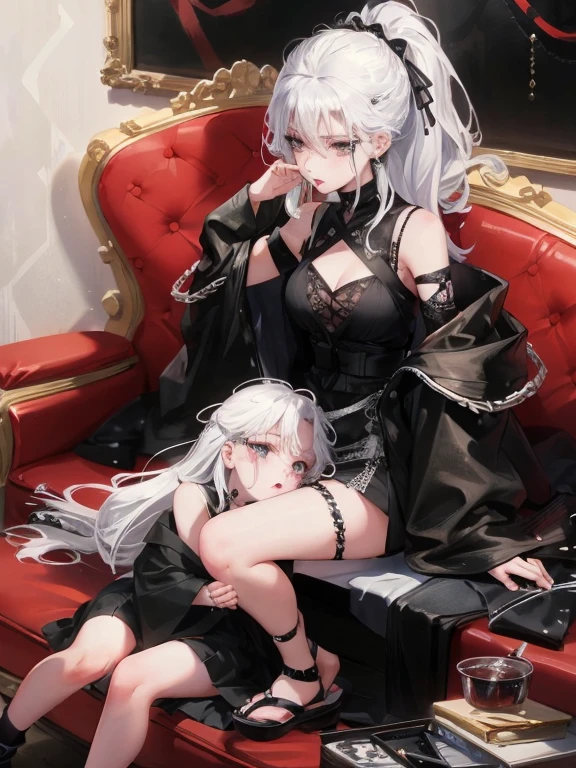 Two women kisasterpiece, best quality, high quality, ultra detailed, 1girl, looking at viewer, white hair, gray eyes, black lipstick, black shirt, sitting on a white floor, demon girl, gothcore, 1 7 - year - old, goth girl, japanese gothic, gothic punk style, black metal style, hands on head,.yurikiss、Girl kissing girl、