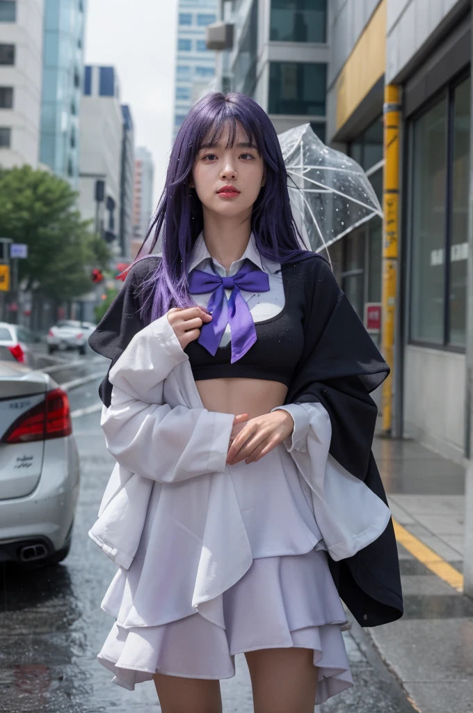 (masterpiece),best quality, frederica bernkastel,dress,  tail bow, cat tail, bowtie, purple eyes, purple hair,mary janes,  socks,  blank eyes, empty eyes,  (raining day:1.2), cloud, street, sidewalk, wet clothes, photorealistic, ((16k photography)), detailed face, ((Best Quality, Masterpiece: 1.3)), Sharp Focus: 1.2, A Beautiful Woman with Perfect Figure: 1.4, Slim Abs: 1.2, (Layered Hairstyle,: 1.2)), Rain: 1.3, Street: 1.2, Wet Body: 1.1, Highly Detailed Face and Skin Texture, Detailed Eyes, Double Eyelids, Big Breasts, Smile, irene1, CGI photography hyper realistic

