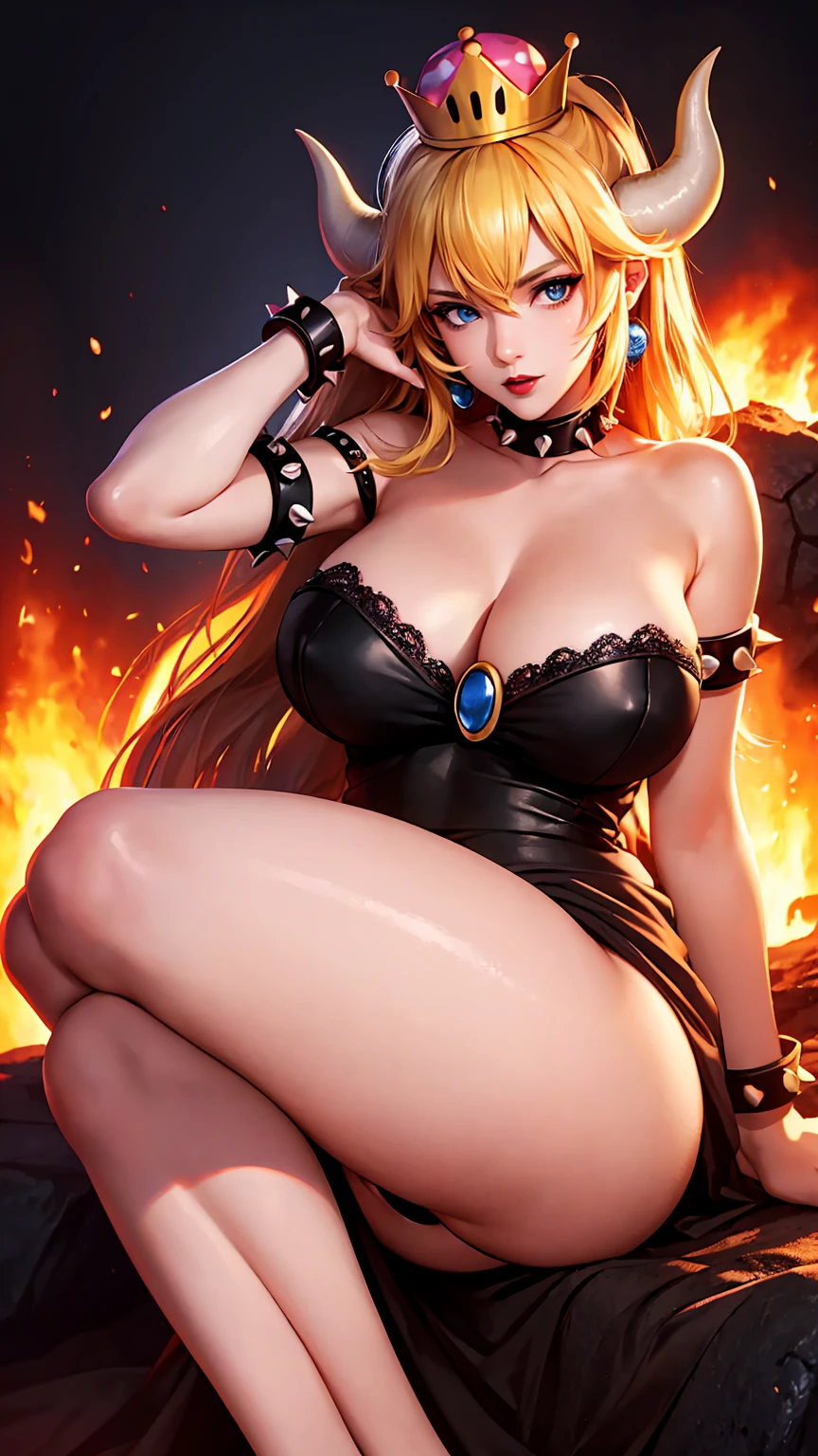 ((high detailed, best quality, 4k, masterpiece, hd:1.3)), ((best quality)), (((HD))), (((8k))), (ultraDH), (ultra HD), Princess Daisy, blue eyes, BREAK blue eyes, seductive, attractive, smooth anime cg art, 36C breasts, long legs, vivid colors, detailed digital art, slim body, perfect skin, dark blonde hair, long hair, blonde hair, blonde hair, BREAK crown, cleavage, 36C cleavage, looking at viewer, BREAK looking at viewer, extremely detailed face, red santa suit, red santa claus suit, santa claus suit, earrings, gem, dark black makeup lips, dark gothic eyeshadows, dark eyeshadows, black eyeshadows, black sexy lips, black lips, (dark:1.2), dark lips, very dark lips, (perfect hands, perfect anatomy), black makeup, black medium lips, black thick lips, detailed fingers, five fingers per hand, 5 fingers, (1 girl), detailed lips, detailed black lips, black painted lips, gothic painted lips, BREAK night, night sky, (breast focus), (arms outstreched:1.2), (from above:1.1), (breasts out:1.3), (off shoulder:1.1), (white horns), (bra), inside a lava castle, she inside a sea of lava, she bathing in lava, full body, perfect long legs, perfect foots, legs and foots into the lava, (((gigantic breasts)))