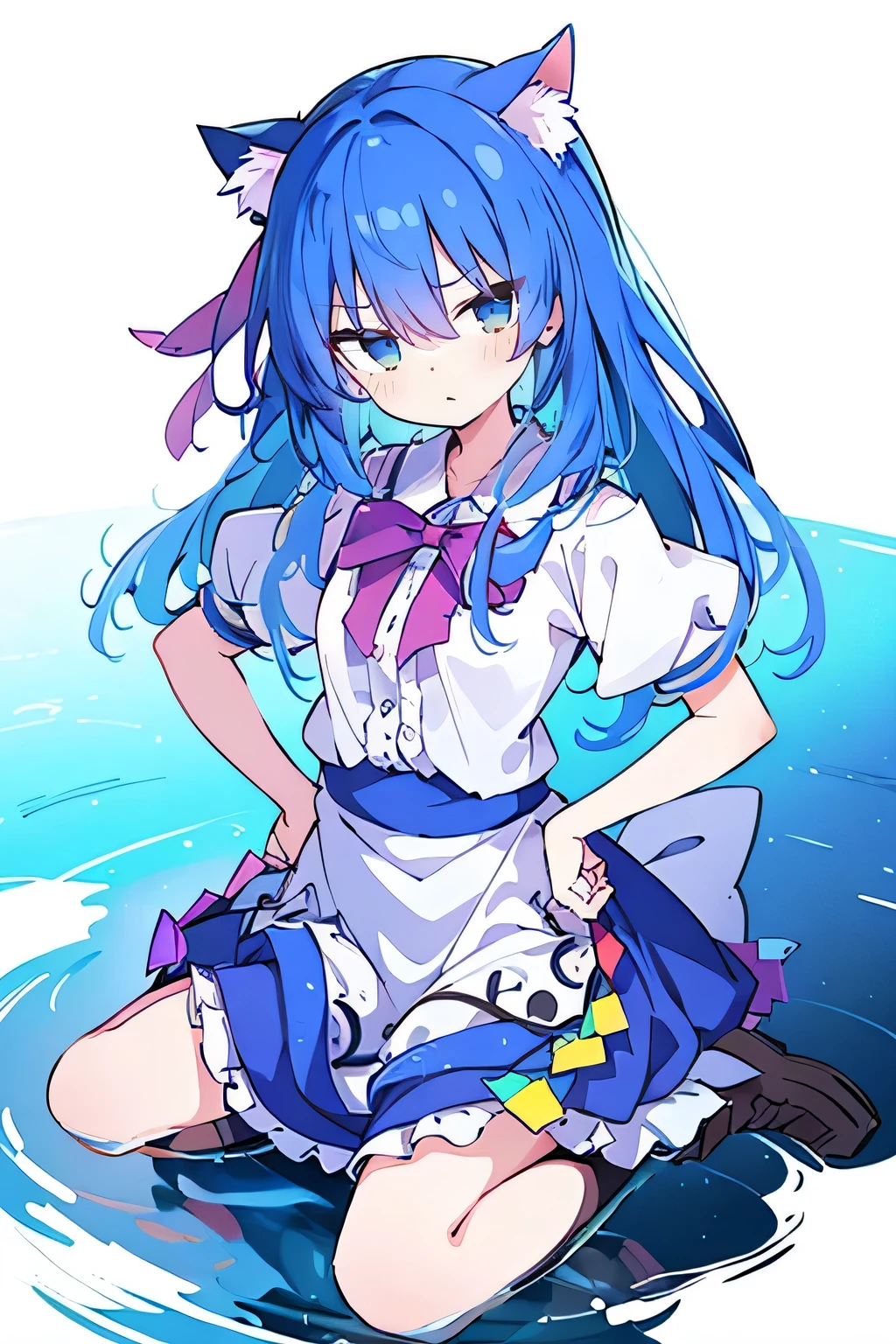 (masterpiece),best quality, expressive eyes, perfect face, 1girl,
Put your hands on your waist,fair, Gorgeous,Japanese cartoons,girl,lola,Hina Angel, blue hair, blue haired, floating clothes,Grab your waist, Grab your waist, hands on hips , hands on hips,sit, sit on ground, Legs on the ground, flat chest,cat ears,