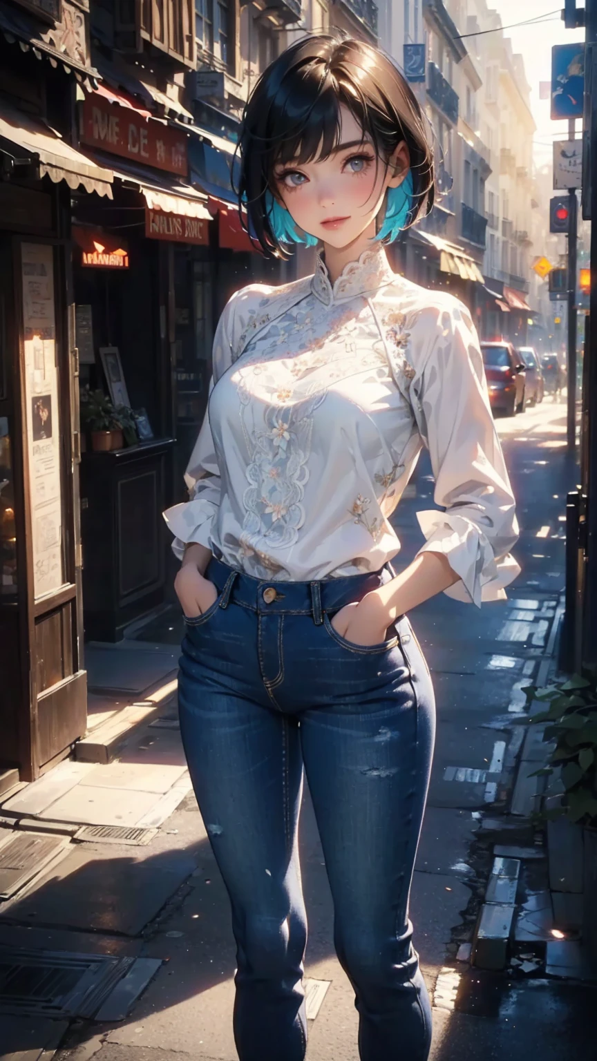 (Highly detailed CG unit 8k wallpaper, masterpiece, High resolution, highest quality, natural skin texture), Composition from head to stomach:1.5, (20 year old woman, Hands in pockets pose:1.3, smile, detailed eyes, gradient eyes), (Stalgic Fashion, detailed costume, fine embroidery, White lace stitch textured blouse, skinny jeans, Asymmetrical short hair:1.2), (Backstreets of Paris:1.3, Colourful flower beds along the road, cinematic lighting), high contrast, hyper realistic, digital painting, concept art,