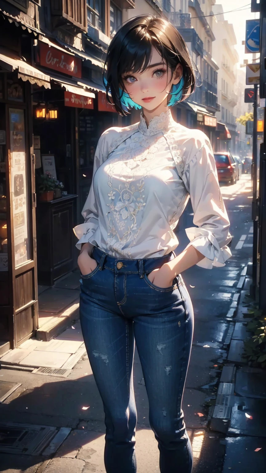 (Highly detailed CG unit 8k wallpaper, masterpiece, High resolution, highest quality, natural skin texture), Composition from head to stomach:1.5, (20 year old woman, Hands in pockets pose:1.3, smile, detailed eyes, gradient eyes), (Stalgic Fashion, detailed costume, fine embroidery, White lace stitch textured blouse, skinny jeans, Asymmetrical short hair:1.2), (Backstreets of Paris:1.3, Colourful flower beds along the road, cinematic lighting), high contrast, hyper realistic, digital painting, concept art,