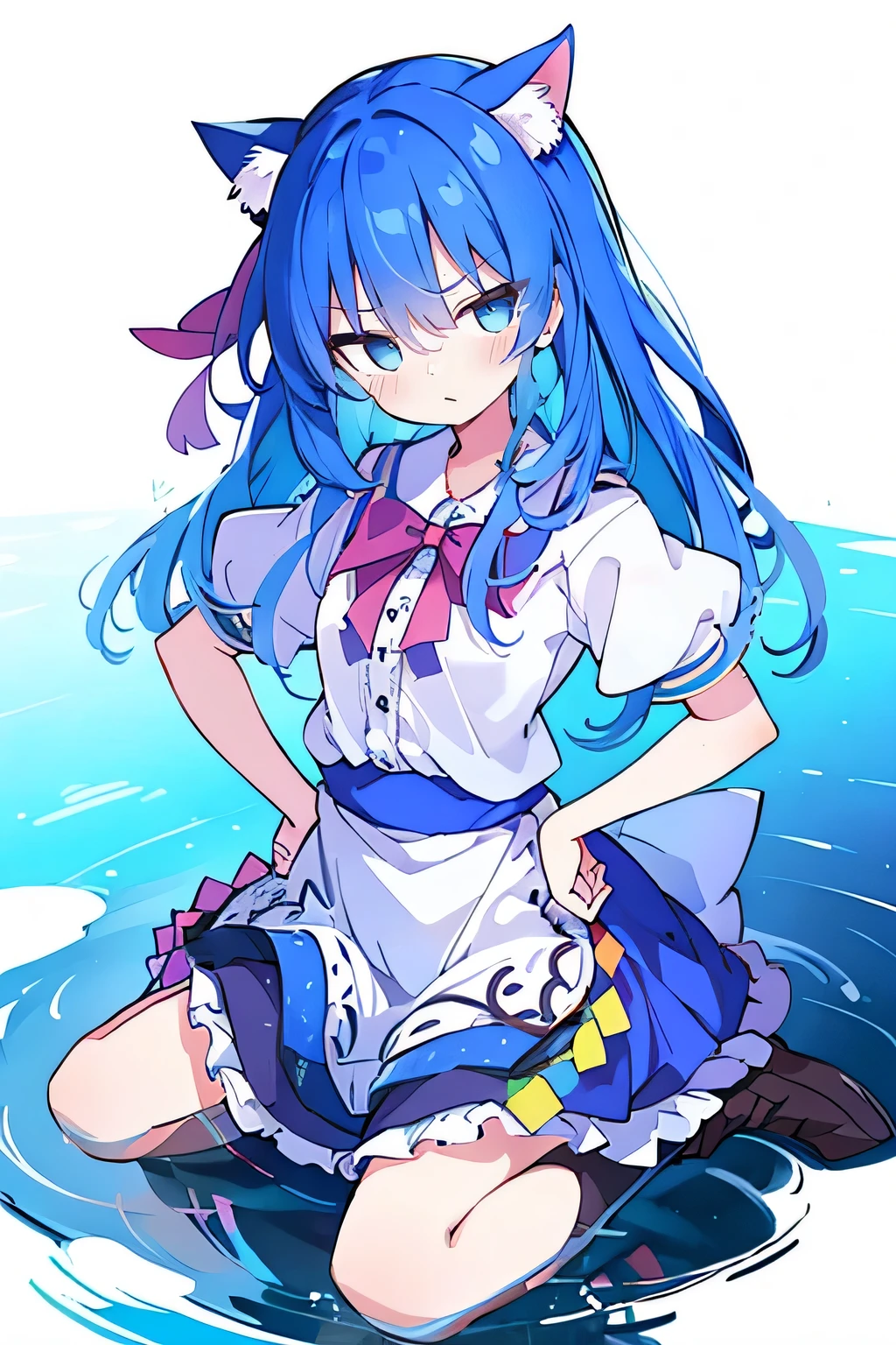 (masterpiece),best quality, expressive eyes, perfect face, 1girl,
 Put your hands on your waist,fair, Gorgeous,Japanese cartoons,girl,lola,Hina Angel, blue hair, blue haired, floating clothes,Grab your waist, Grab your waist, hands on hips , hands on hips,sit, sit on ground, Legs on the ground, flat chest,cat ears,