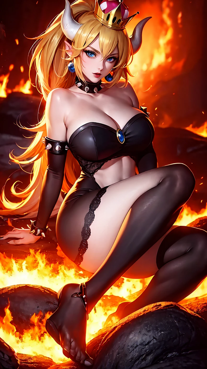((high detailed, best quality, 4k, masterpiece, hd:1.3)), ((best quality)), (((HD))), (((8k))), (ultraDH), (ultra HD), Princess Daisy, blue eyes, BREAK blue eyes, seductive, attractive, smooth anime cg art, 36C breasts, long legs, vivid colors, detailed digital art, slim body, perfect skin, dark blonde hair, long hair, blonde hair, blonde hair, BREAK crown, cleavage, 36C cleavage, looking at viewer, BREAK looking at viewer, extremely detailed face, red santa suit, red santa claus suit, santa claus suit, earrings, gem, dark black makeup lips, dark gothic eyeshadows, dark eyeshadows, black eyeshadows, black sexy lips, black lips, (dark:1.2), dark lips, very dark lips, (perfect hands, perfect anatomy), black makeup, black medium lips, black thick lips, detailed fingers, five fingers per hand, 5 fingers, (1 girl), detailed lips, detailed black lips, black painted lips, gothic painted lips, BREAK night, night sky, (breast focus), (arms outstreched:1.2), (from above:1.1), (breasts out:1.3), (off shoulder:1.1), (white horns), (lingerie), inside a lava castle, she inside a sea of lava, she bathing in lava, full body, perfect long legs, perfect foots, legs and foots into the lava, (((gigantic breasts)))