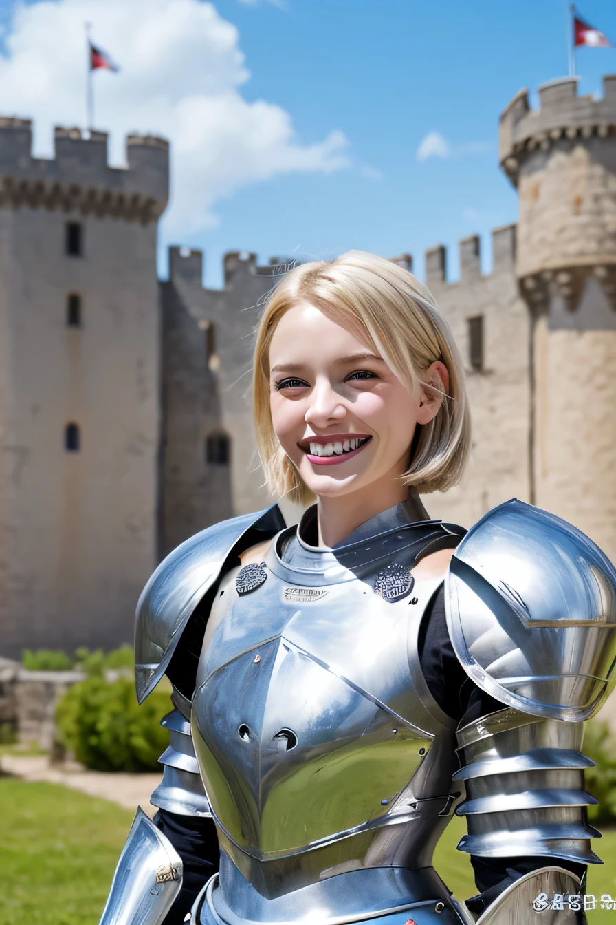 ８Ｋ、highest quality、female knight、The background is a castle、Luxurious Silver Armor、heavy equipment、hairstyle short cut、smile、beautiful teeth、full body photo、ear piercing、white woman、blonde hair、blue eyes、Gummy Smile、The background is a cloudy sky、heavy makeup
