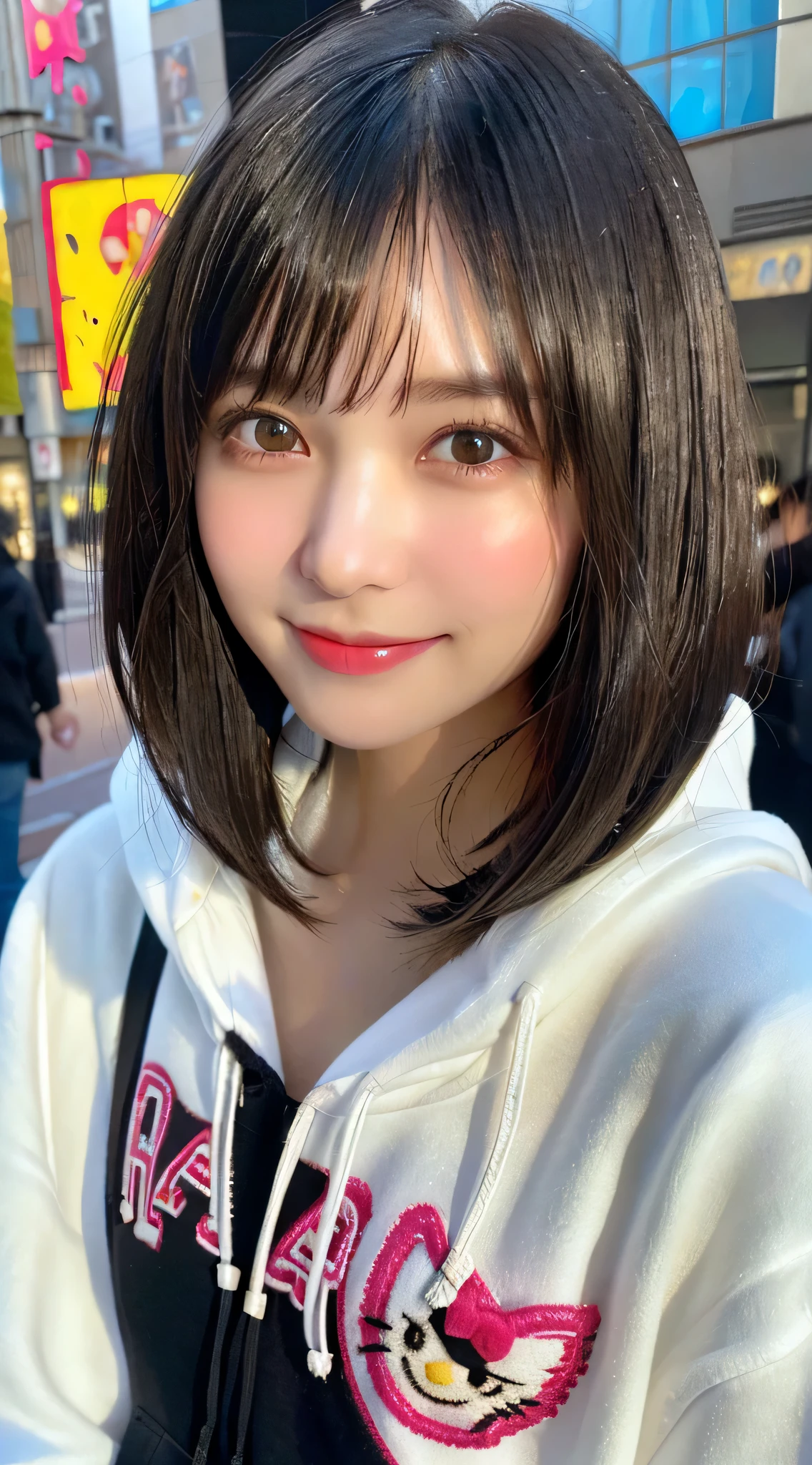 close up shot、(smile 1.6)⦅Medium chest 1.6⦆look at the camera、(high quality, High resolution, Super detailed, realistic:1.37), 、Features beautiful details, cute, ⦅black hair⦆⦅Fluffy Bob Cut⦆、hello kitty hoodie、Akihabara
