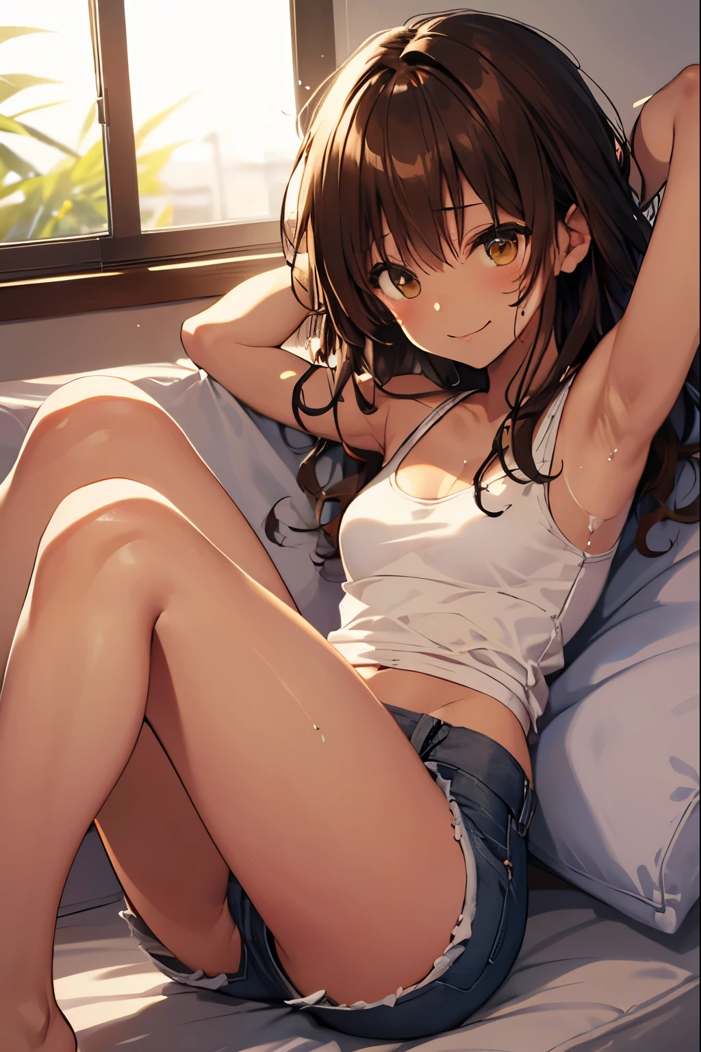 highest quality、Elementary school student bra、beige shorts、cool look、Sexy pose in room、armpit sweat、Grass、ecstasy face, (1 girl), (highly detailed face, smile) , (physically thin), (japanese girl), Slightly round face, (tanned brown face:1.6), cute, Big eyes、2D,highest quality,(masterpiece),(full body),Semi-long hair that reaches to the shoulders,((amber brown hair)),((beach waves)),healthy dark skin,((denim hot pants)),「cheap」A pink tank top with the words,Shiny bare legs,barefoot,beautiful brown eyes,attractive thigheaty ass,Sloppy body shape,Bedroom,Get drunk,upper grade,cheeks are bright red,あざでcute,devilishly sexy,erotic look,Large drops of sweat all over the body,It's stuffy,sleep with your legs stretched out、my room