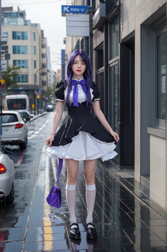 (masterpiece),best quality, frederica bernkastel,dress,  tail bow, cat tail, bowtie, purple eyes, purple hair,mary janes,  socks,  blank eyes, empty eyes,  (raining day:1.2), cloud, street, sidewalk, wet clothes, photorealistic, ((16k photography)), detailed face, ((Best Quality, Masterpiece: 1.3)), Sharp Focus: 1.2, A Beautiful Woman with Perfect Figure: 1.4, Slim Abs: 1.2, (Layered Hairstyle,: 1.2)), Rain: 1.3, Street: 1.2, Wet Body: 1.1, Highly Detailed Face and Skin Texture, Detailed Eyes, Double Eyelids, Big Breasts, Smile, irene1, CGI photography hyper realistic
