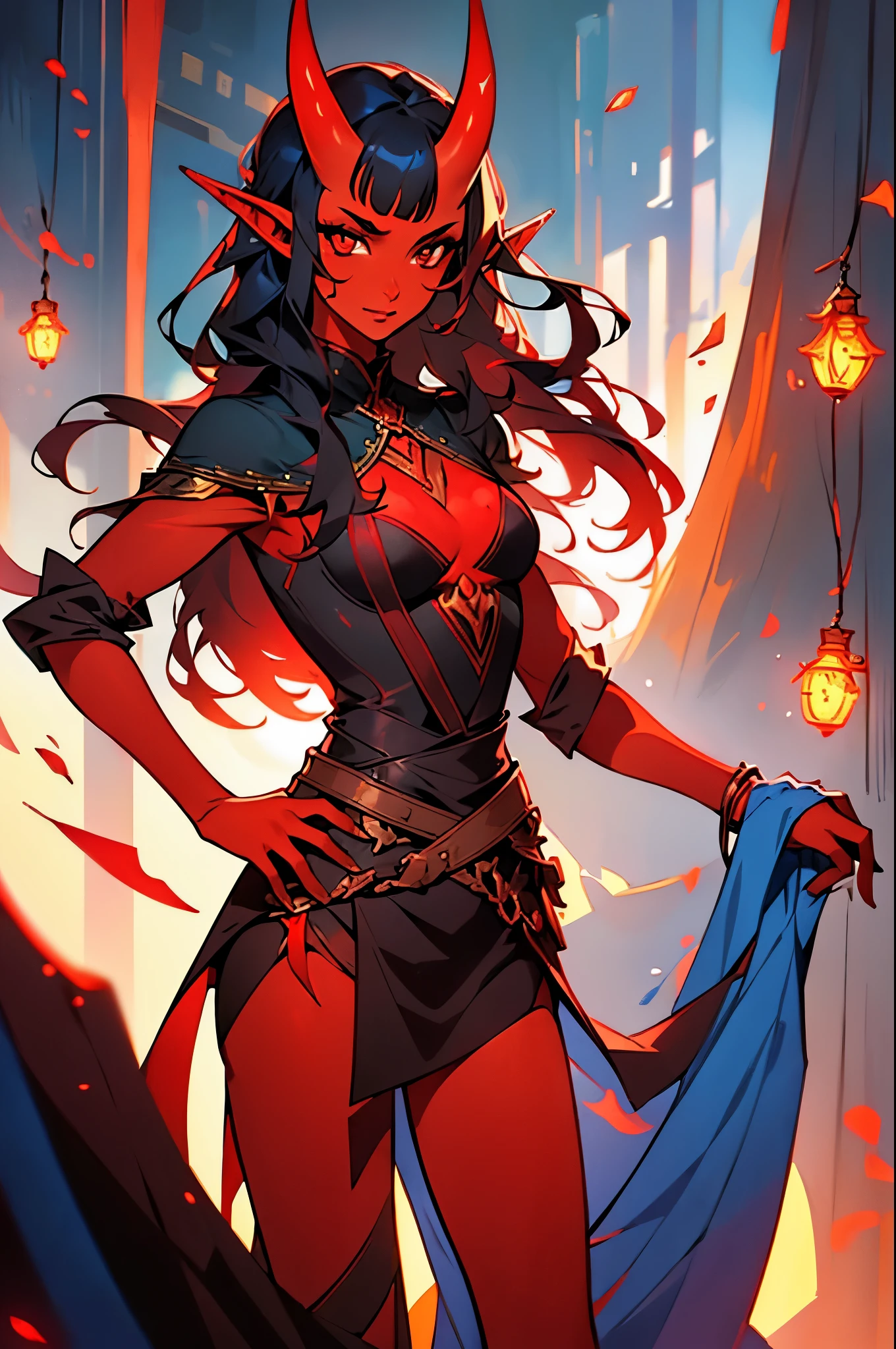 1 mature girl, tiefling, solo, red-skinned girl, red skin, black hair, long black hair with curtain bangs, elf ears, red eyes, horns on forehead, oni horns, 8k, highdef, ultrares, high quality face, high quality