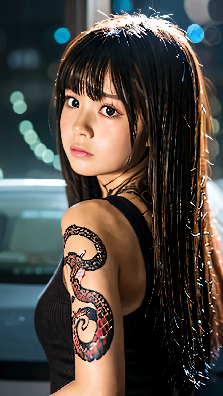 Sad face、young girl、whole body、Snake tattoo on left arm、darkness、Glass fragments