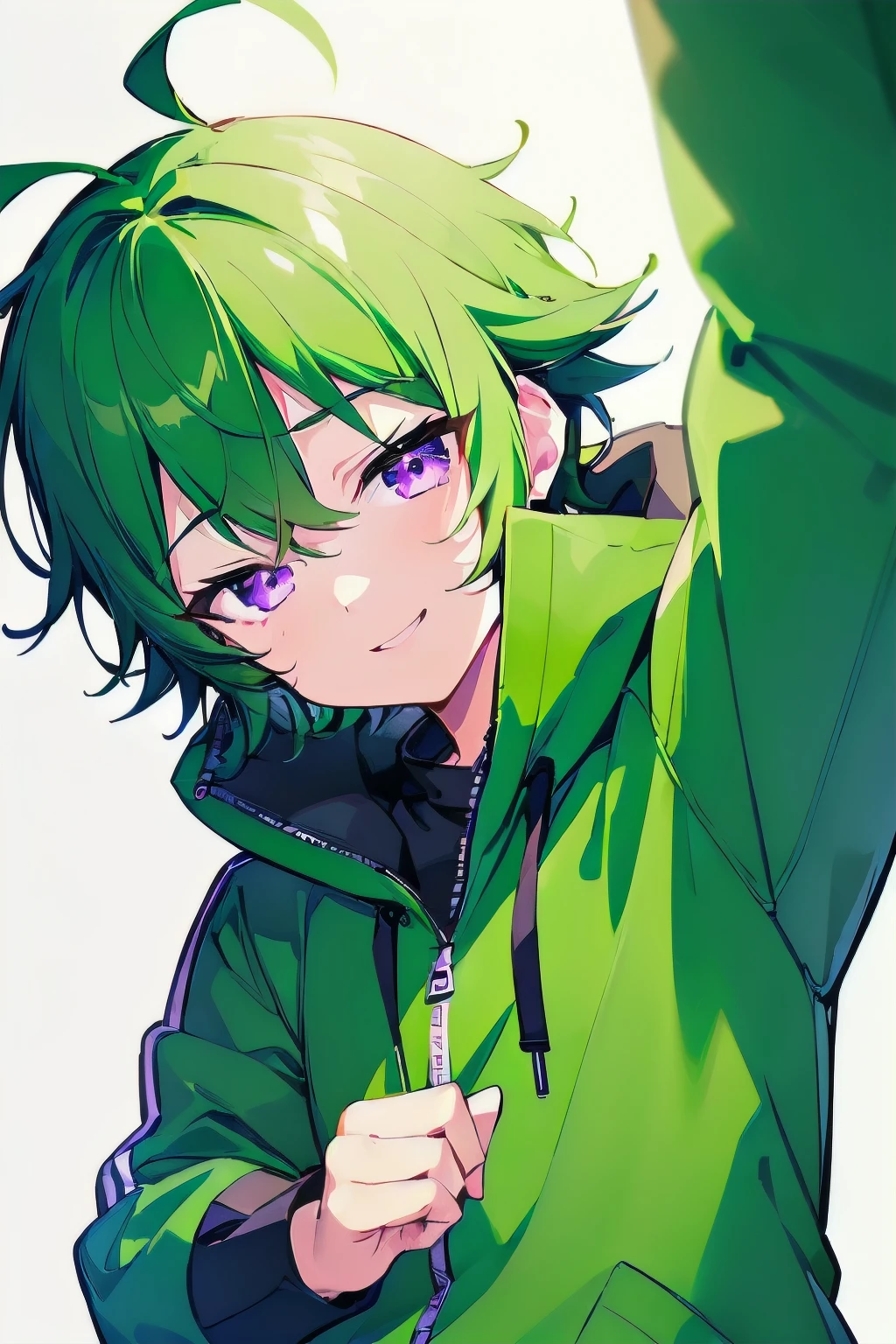 [(WHITE BACKGROUND:1.5),::5], ((((masterpiece)))), high quality, ultra_very_high_resolution, large_filesize, full color, (((solo))), ((little boy)), (((green short hair))), purple eyes, anime, upper body, neon light, black parka, light smile