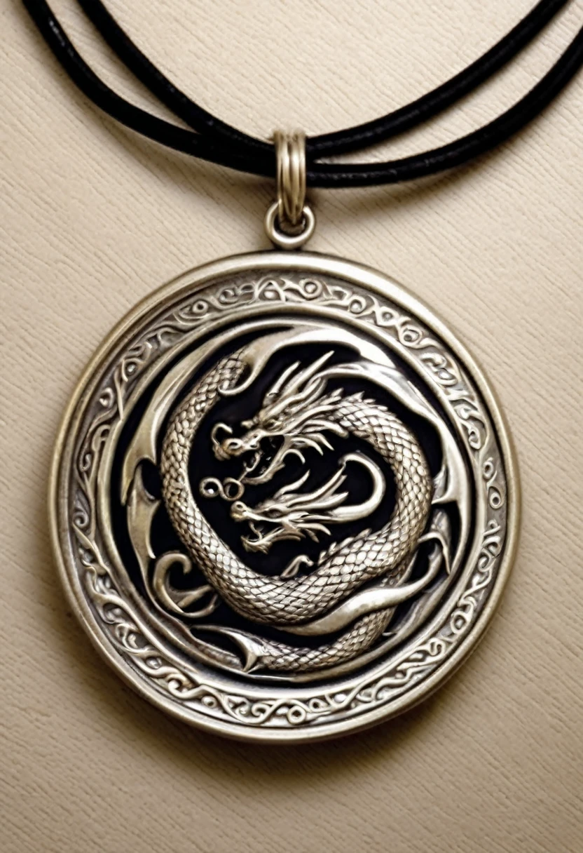 Dragon Medallion: A silver medallion with an engraved dragon design, hanging from a black leather cord, which can be worn around the neck as an accessory.

