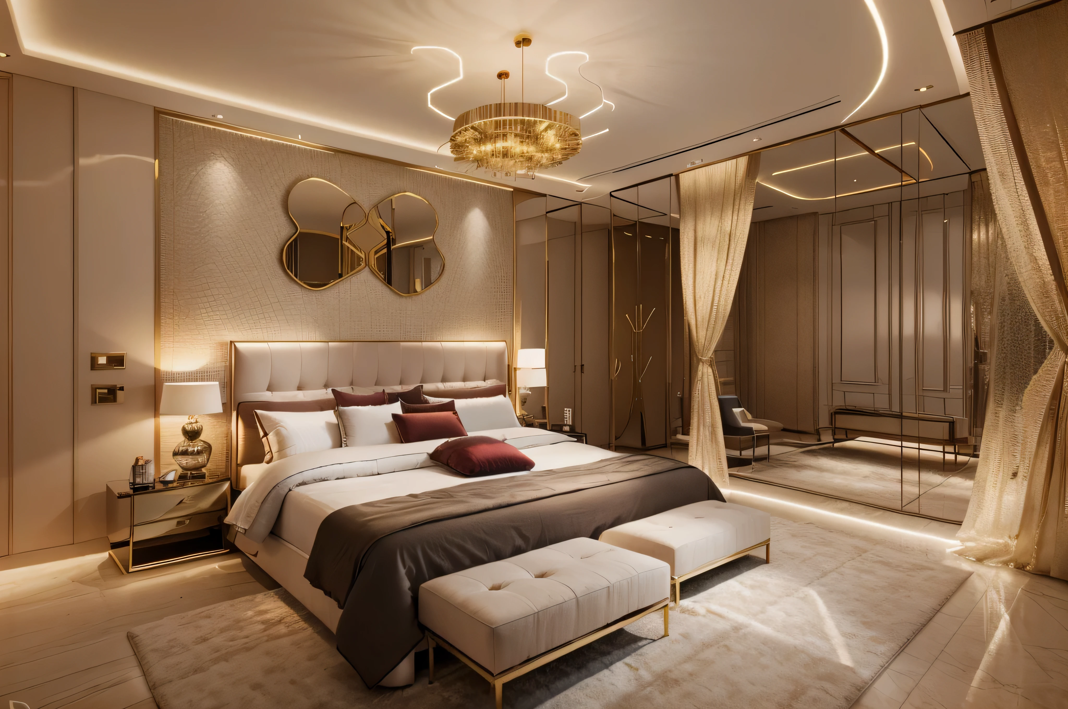 Bedroom, interior, luxury interior, chef-d'artwork, high quality, Realistic, elegant, beautiful interior lighting, Jeu de couleurs vives,