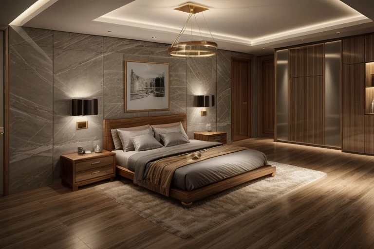 luxury master bedroom, timber floor, marble wall, night time, warm lighting RAW Photo, RAW texture, Super Realistic, 32K UHD, DSLR, soft lighting, high quality, film rating, Fujifilm XT3 