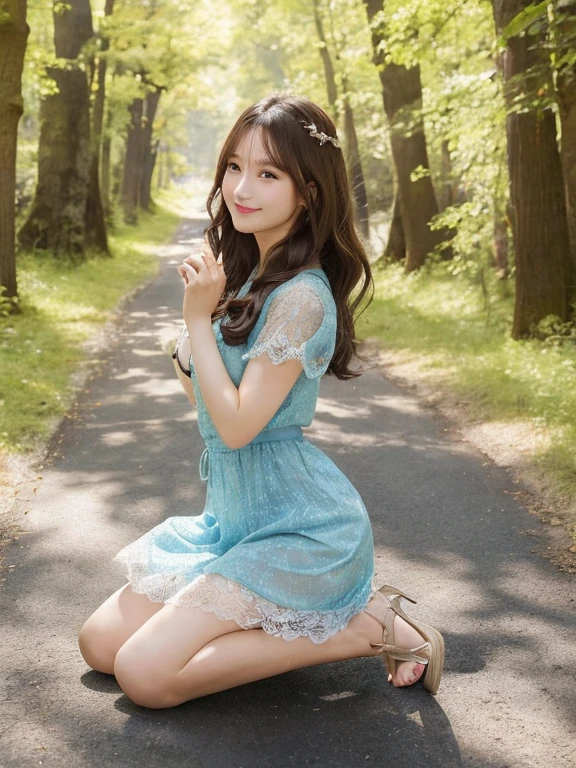 one woman、japanese woman、20-year-old beauty、professional lighting、medium long hair、brunette colored hair、brook in the forest、Sheer lace dress、Pastel blue lace 、High resolution、rich expression、no makeup、cute smile、catch light、Foot-to-foot display、hair fluttering in the wind、Show women smaller、Beautiful legs extending from the skirt、Show from skirt to knee、Use a reflector to bring light to your face、Sitting pose with on the ground、look at camera、Place the soles of your feet on the ground