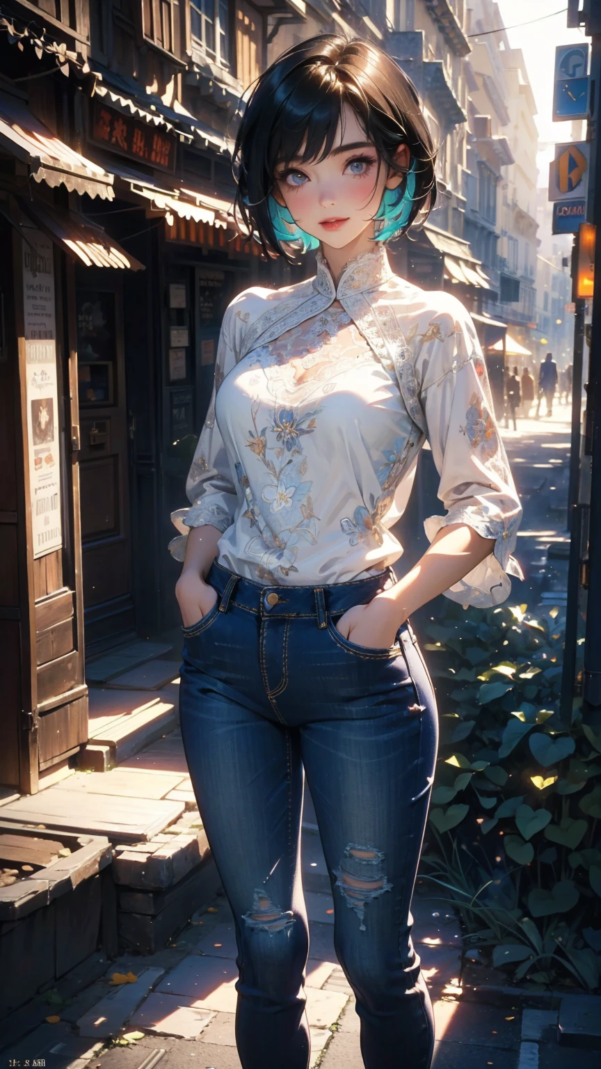 (Highly detailed CG unit 8k wallpaper, masterpiece, High resolution, highest quality, natural skin texture), Composition from head to stomach:1.5, (20 year old woman, Hands in pockets pose:1.3, smile, detailed eyes, gradient eyes), (Stalgic Fashion, detailed costume, fine embroidery, White lace stitch textured blouse, No sleeve, skinny jeans, Asymmetrical short hair:1.2), (Backstreets of Paris:1.3, Colourful flower beds along the road, cinematic lighting), high contrast, hyper realistic, digital painting, concept art,
