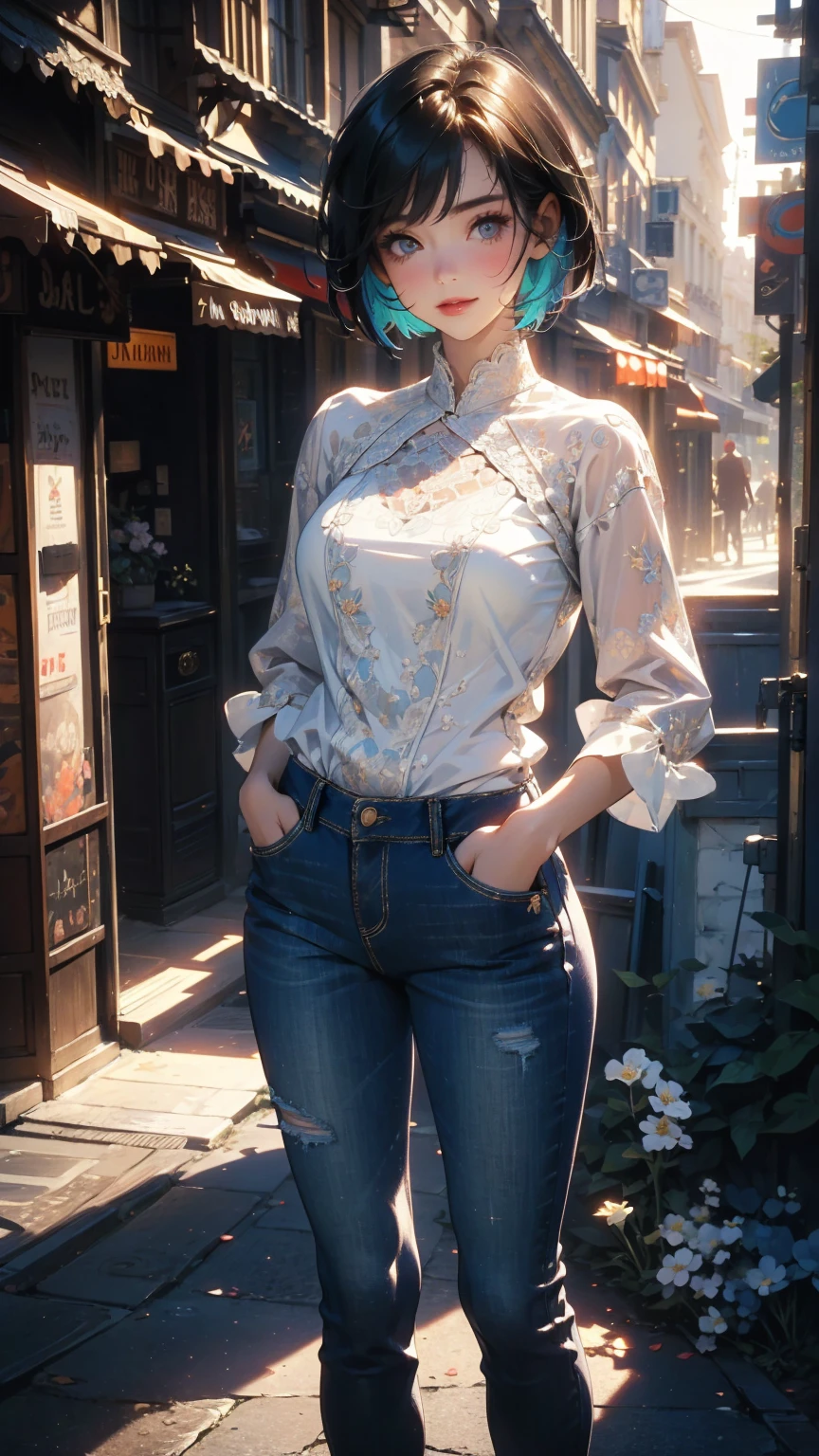 (Highly detailed CG unit 8k wallpaper, masterpiece, High resolution, highest quality, natural skin texture), Composition from head to stomach:1.5, (20 year old woman, Hands in pockets pose:1.3, smile, detailed eyes, gradient eyes), (Stalgic Fashion, detailed costume, fine embroidery, White lace stitch textured blouse, No sleeve, skinny jeans, Asymmetrical short hair:1.2), (Backstreets of Paris:1.3, Colourful flower beds along the road, cinematic lighting), high contrast, hyper realistic, digital painting, concept art,