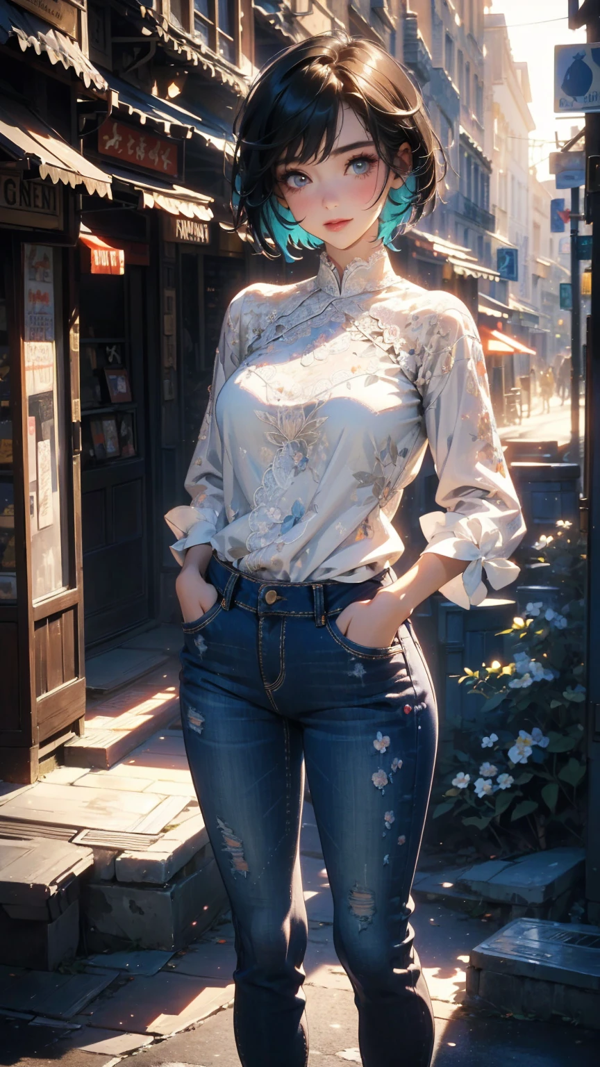 (Highly detailed CG unit 8k wallpaper, masterpiece, High resolution, highest quality, natural skin texture), Composition from head to stomach:1.5, (20 year old woman, Hands in pockets pose:1.3, smile, detailed eyes, gradient eyes), (Stalgic Fashion, detailed costume, fine embroidery, White lace stitch textured blouse, No sleeve, skinny jeans, Asymmetrical short hair:1.2), (Backstreets of Paris:1.3, Colourful flower beds along the road, cinematic lighting), high contrast, hyper realistic, digital painting, concept art,