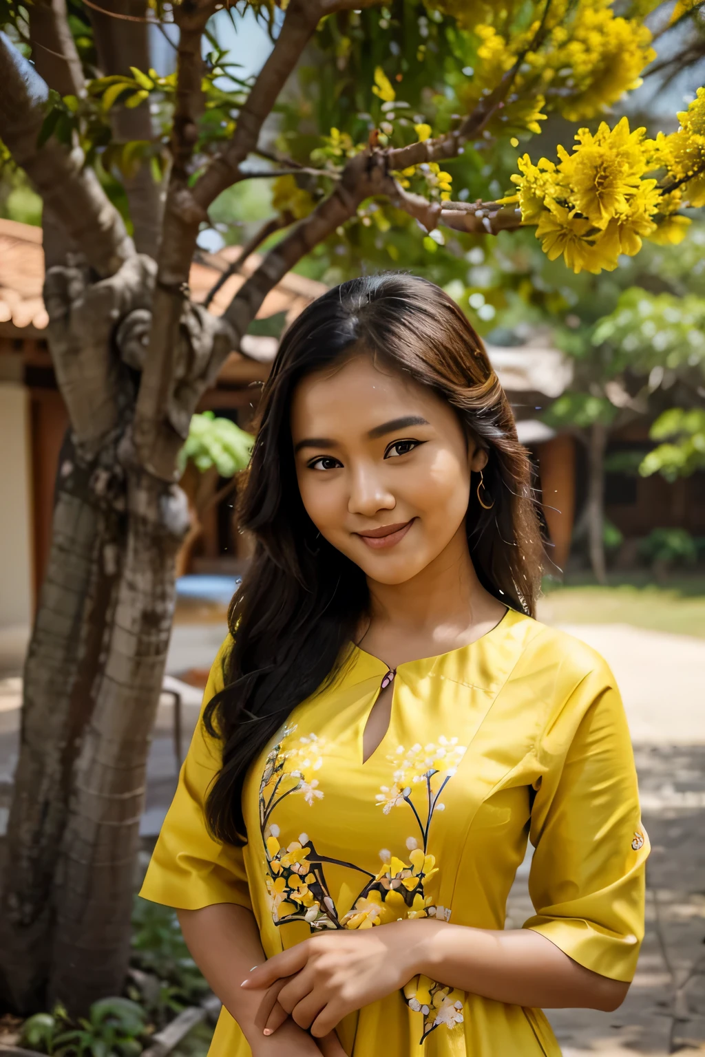 Under the big padauk tree (smaller yellow than the yellow side of the) (padauk flowers) are blooming. Under the tree (padauk flowers) the young Burmese woman is smiling beautifully, wearing yello Burmese dress.