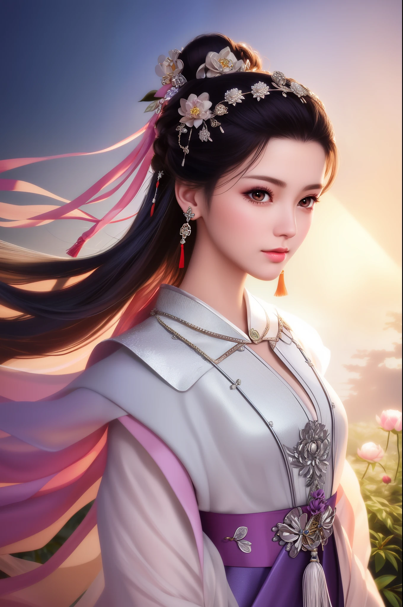 best quality, masterpiece,most parts of body,(background:garden),1 girl, Upper body close-up:2，mature woman, Chinese style, China, elder sister, dancer, Dark brown hair, black hair, princess cut, Fried dough braids, bun hair, Double ball head,bun hair,ribbon, light pink lips, calm, intellectuals,purple eyes, tassel, silver wire, bead,Peony, dress, cloak, silk skirt, embroidery, delicate face, Close-up of face,light colored clothes,pretty face,lifelike, edge lighting, two color lights,(High detail skin:1.2), 8K uhd, DSLR camera,soft light, high quality, photo, High resolution, 4K, 8K, Bokeh